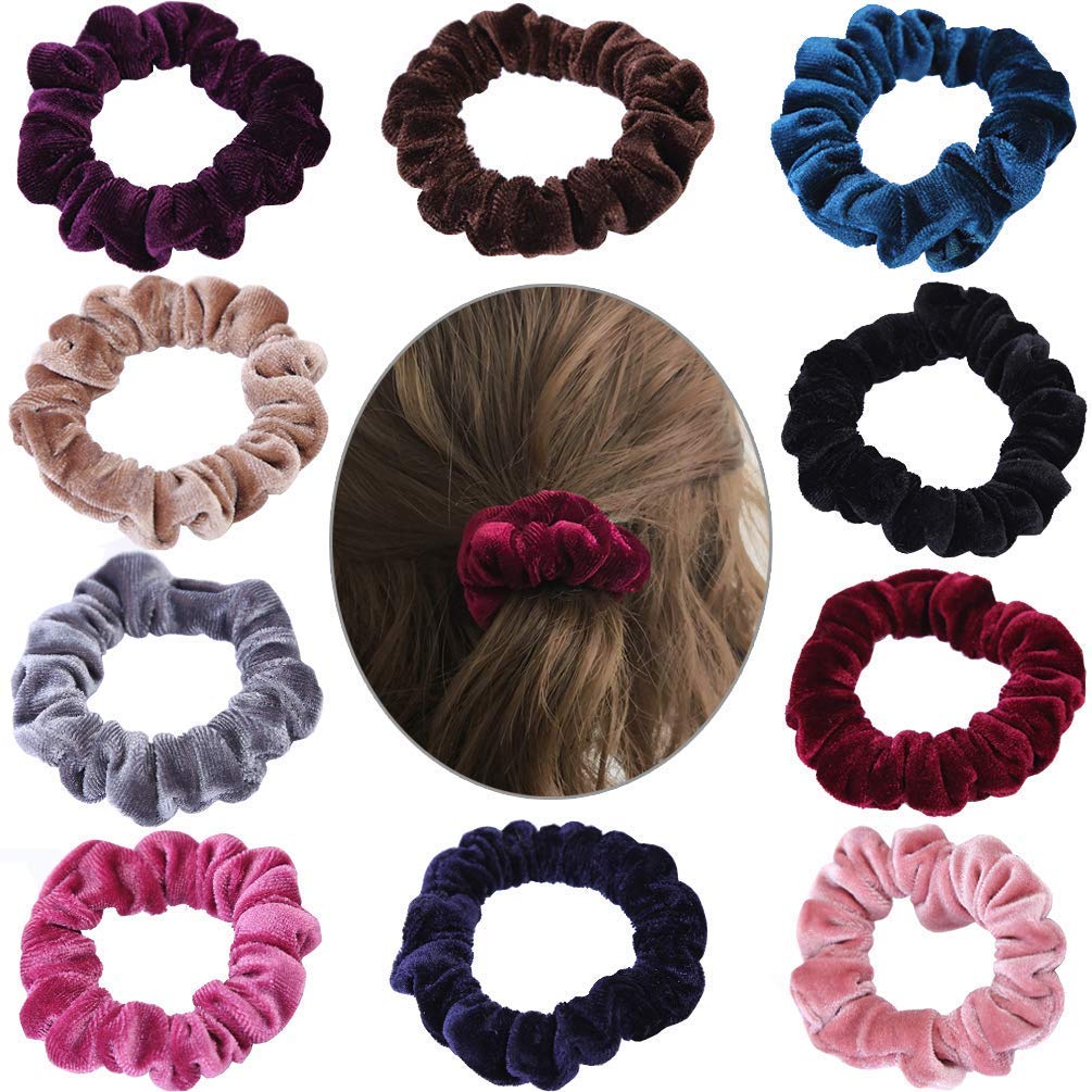FAMEZA 10 Pcs Velvet Scrunchies Hair Ties - Soft Elastic Flannel Hair Bands for Women, No-Slip Hair Accessories for Workout, Yoga, Office & Daily Use