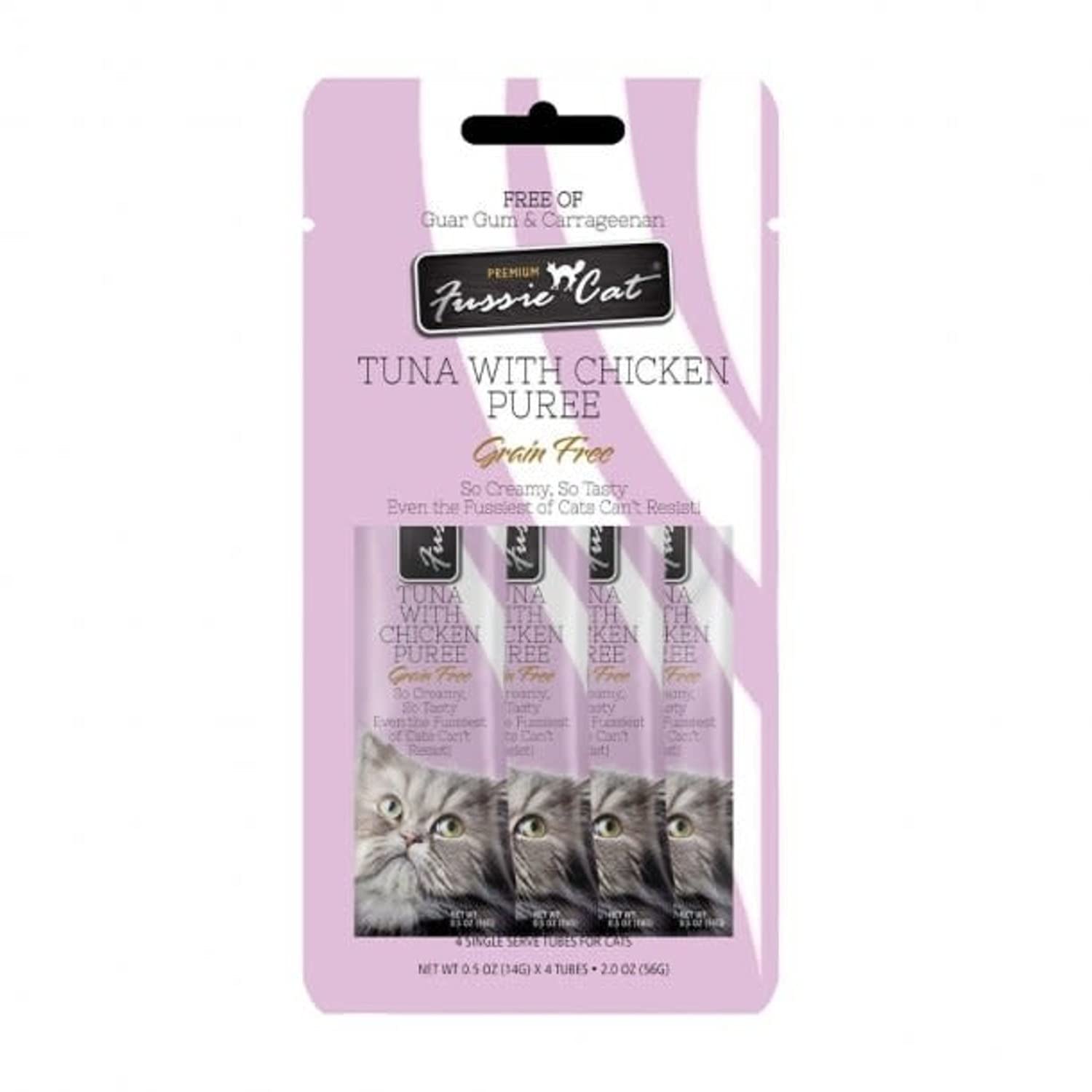 Premium Fussie Cat Tuna & Chicken Puree Cat Treats - Grain-Free, High Protein, 4-Pack - Perfect for Training, Rewards & Picky Eaters