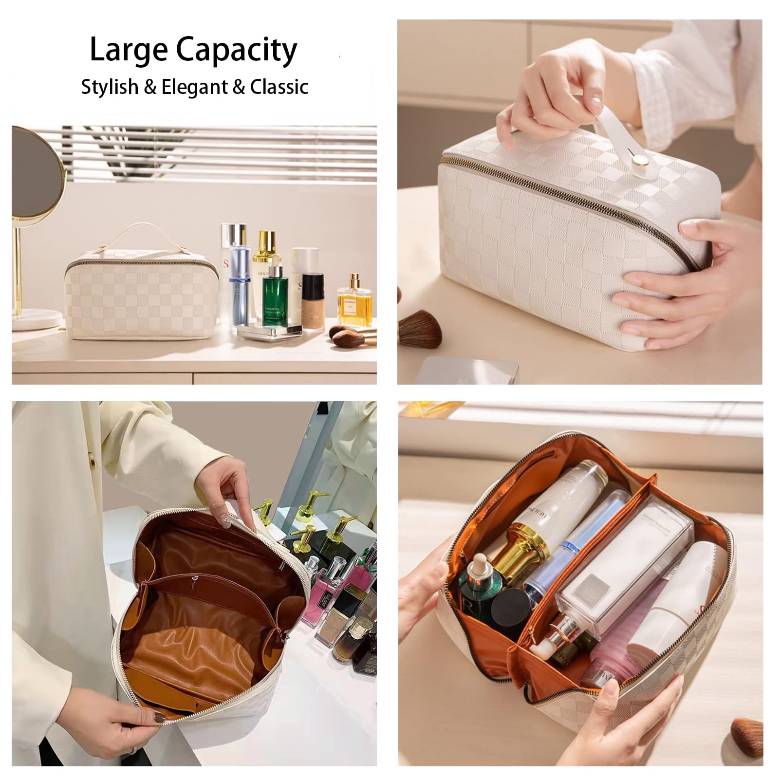 Large Waterproof Travel Makeup Bag with Silicone Brush Holder - White Cosmetic Organizer & Pink Makeup Case Set - Portable Toiletry Essentials for Women | Perfect for Vacation, Gym, and Daily Beauty Routine