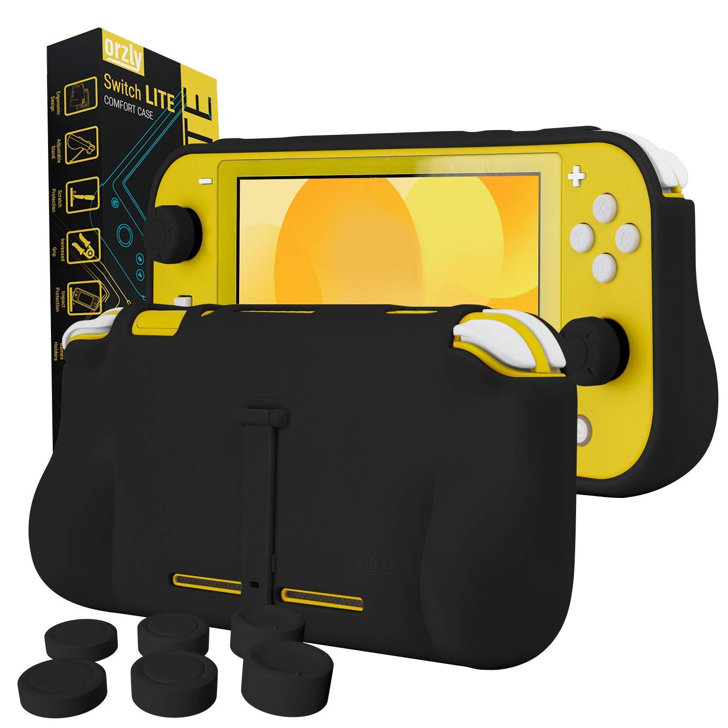 Orzly Grip Case for Nintendo Switch Lite - Protective Cover with Ergonomic Hand Grips, Built-in Kickstand & Bonus Thumb Grips (Black) - Perfect for Gaming Comfort & Travel Protection