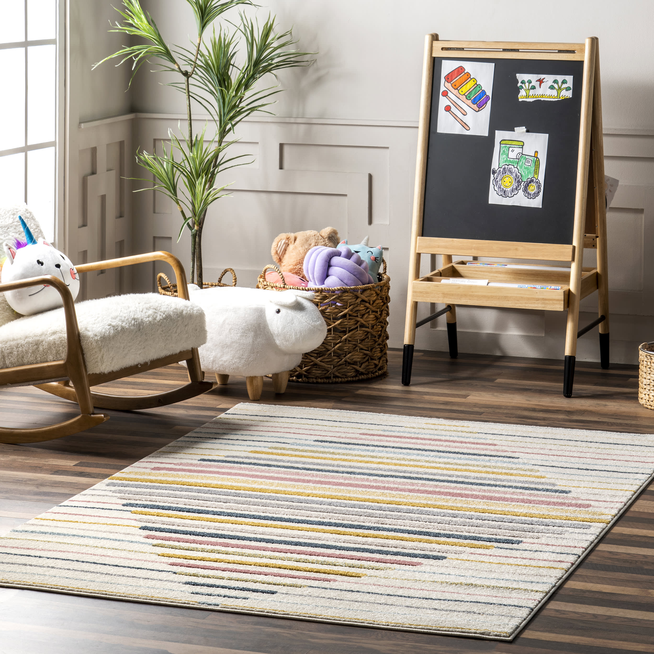 Ashleigh Kids Carved Stripe Rug - Colorful Non-Slip Playroom Rug for Children's Bedroom, Nursery & Play Area | Soft & Durable Floor Mat for Toddlers