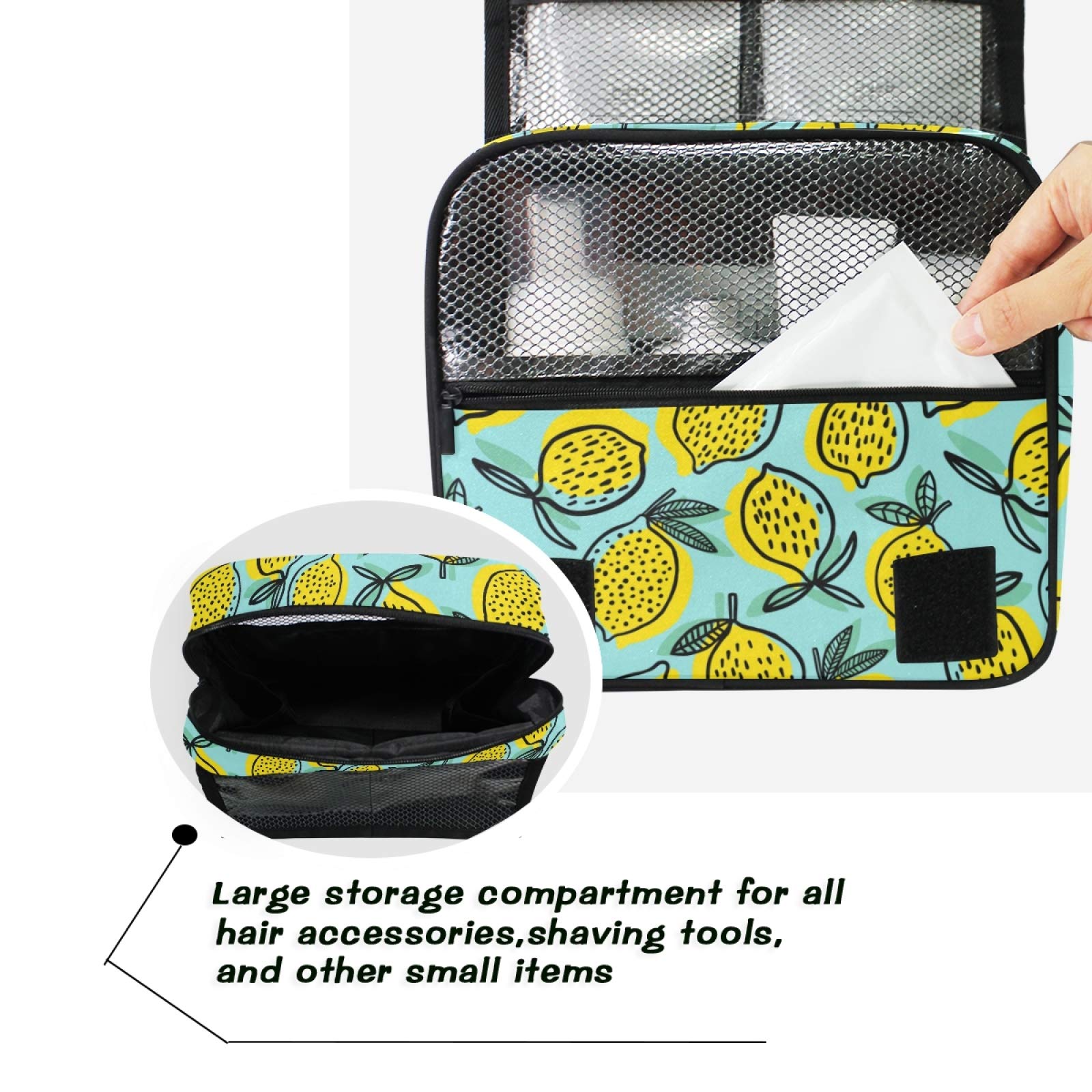 ALAZA Tropical Fruit Yellow Lemon Hanging Travel Toiletry Bag for Women - Large Waterproof Cosmetic Organizer with Hook for Bathroom, Makeup Storage & Vacation Essentials (Perfect for Travel, Gym, Dorm & Home Organization)