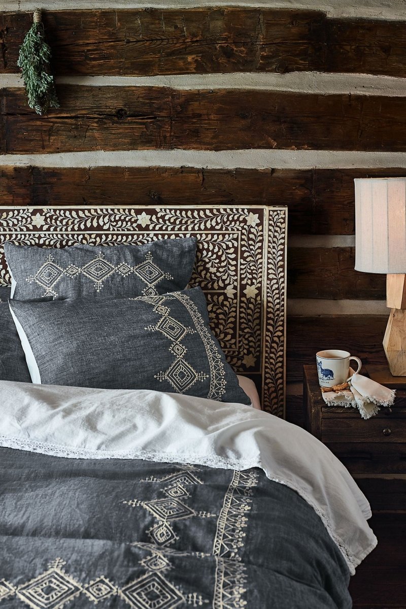 Handmade Bone Inlay King/Queen Size Platform Bed with Upholstered Headboard - Luxury Bedroom Furniture for Master Suite & Guest Room Decor