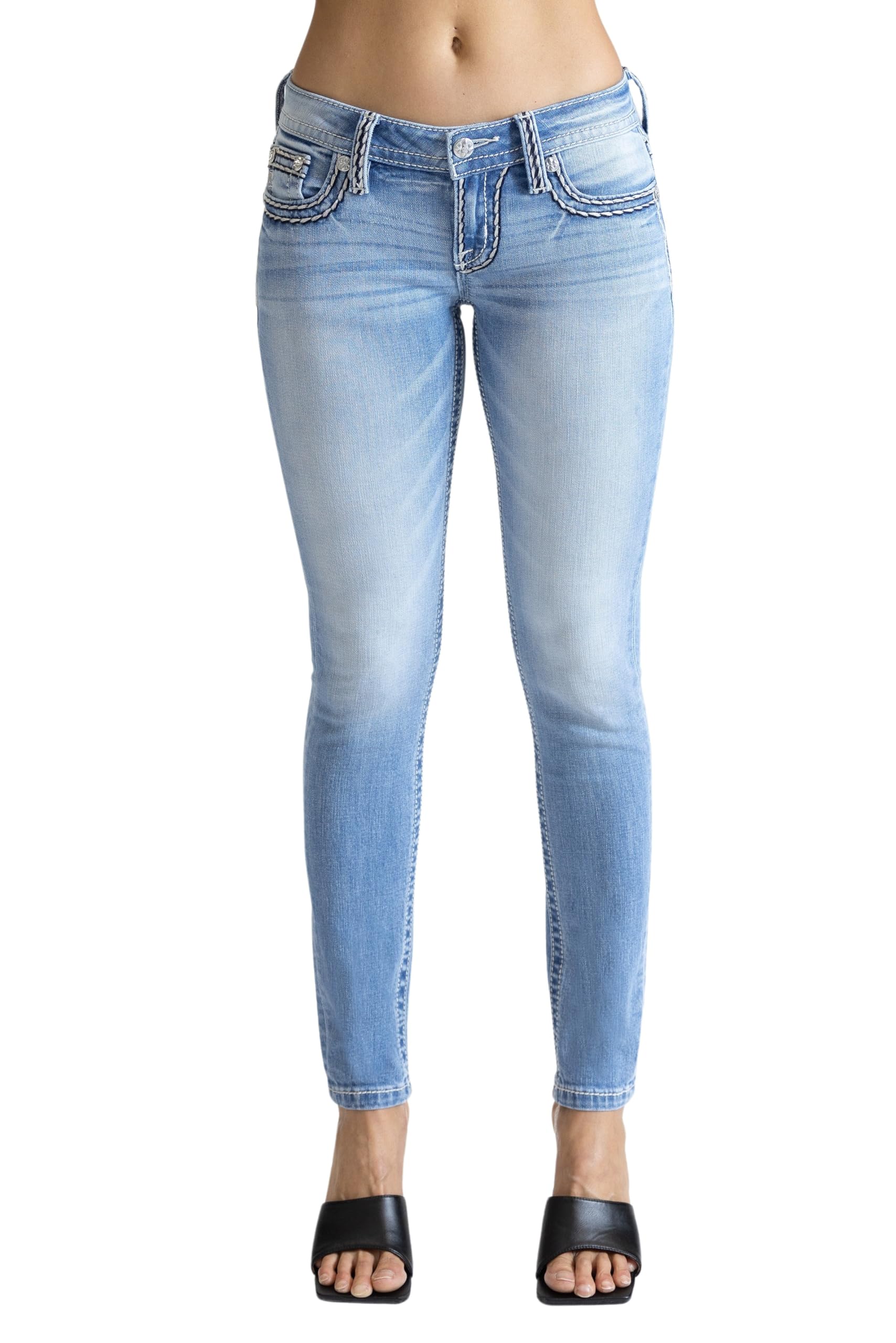 Miss Me Women's Low-Rise Skinny Jeans - Black & White Stitch Detail with Faux Flap Pockets, Stretchy Slim Fit Denim Pants for Casual Wear & Night Out