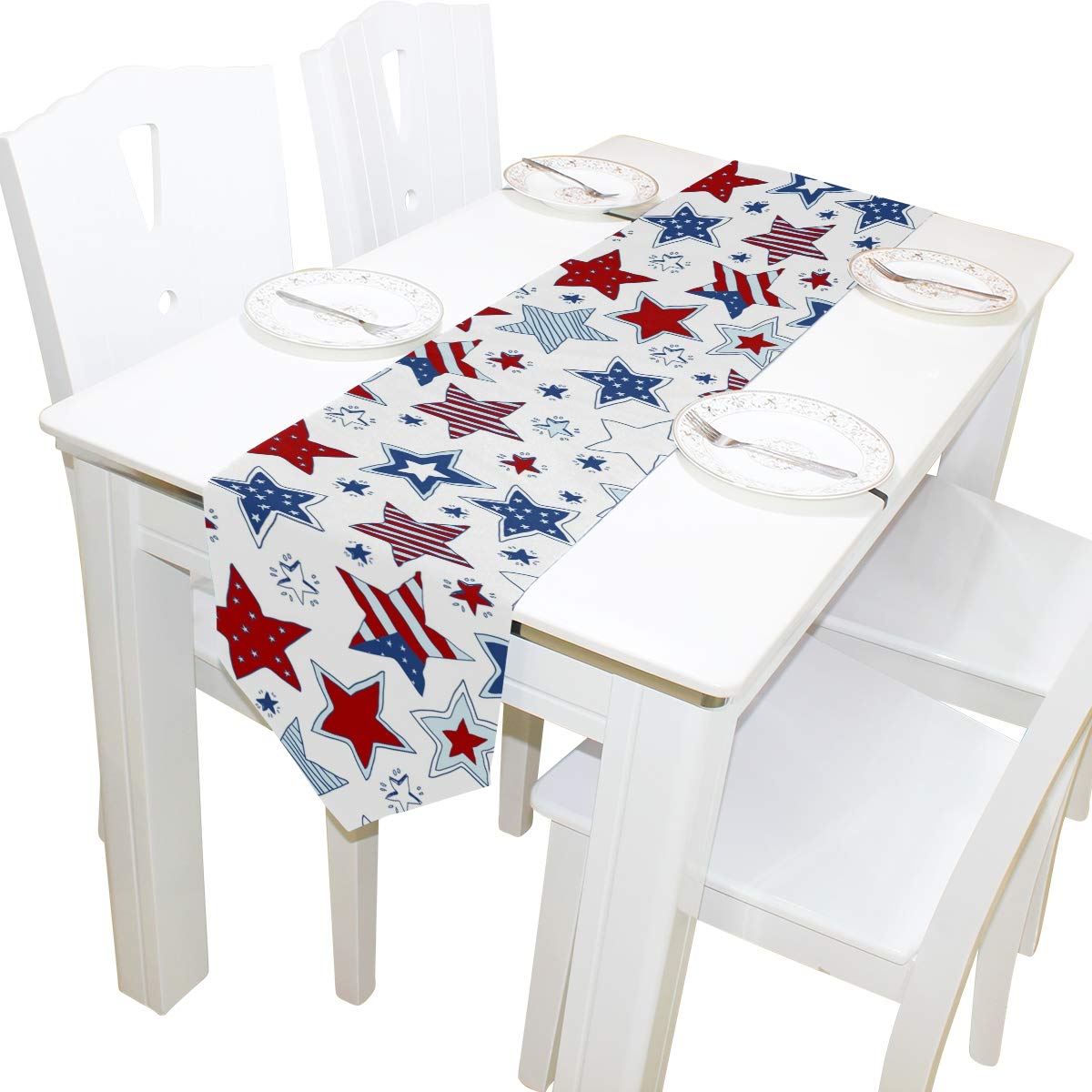 MOYYO Vintage Doodle Stars American Flag Table Runner 13x90 Inch - Polyester Table Cloth for Coffee Table, Wedding, Birthday, Engagement Party Decor - Perfect for Banquets, Home Decoration & Patriotic Celebrations