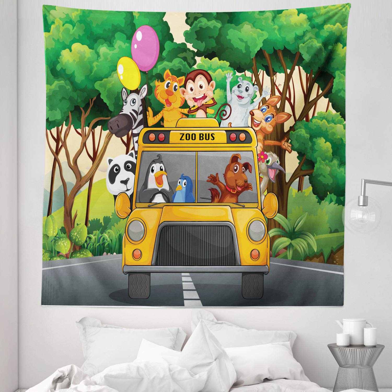Ambesonne Queen Size Zoo Tapestry - Animals Riding Balloon Bus Wilderness Scenery Wall Hanging (88x88 Inch) | Colorful Bedspread, Wall Decor for Bedroom, Dorm, Living Room | Perfect for Home Decor, Gifts & Bohemian Style
