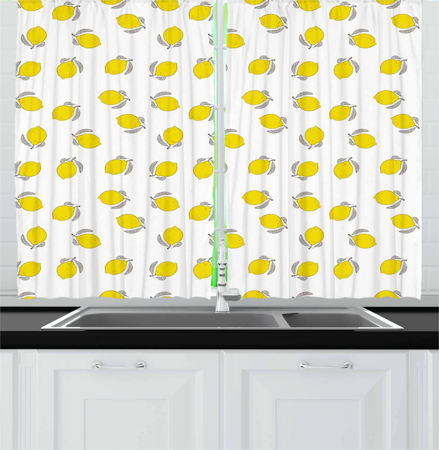 Ambesonne Lemon Print Kitchen Curtains - Hand Drawn Upside Down Lemons with Faded Leaves, 2 Panel Rod Pocket Drapes, 55 x 45 Inches, Black White & Yellow - Perfect for Farmhouse, Country Style or Modern Kitchen Decor