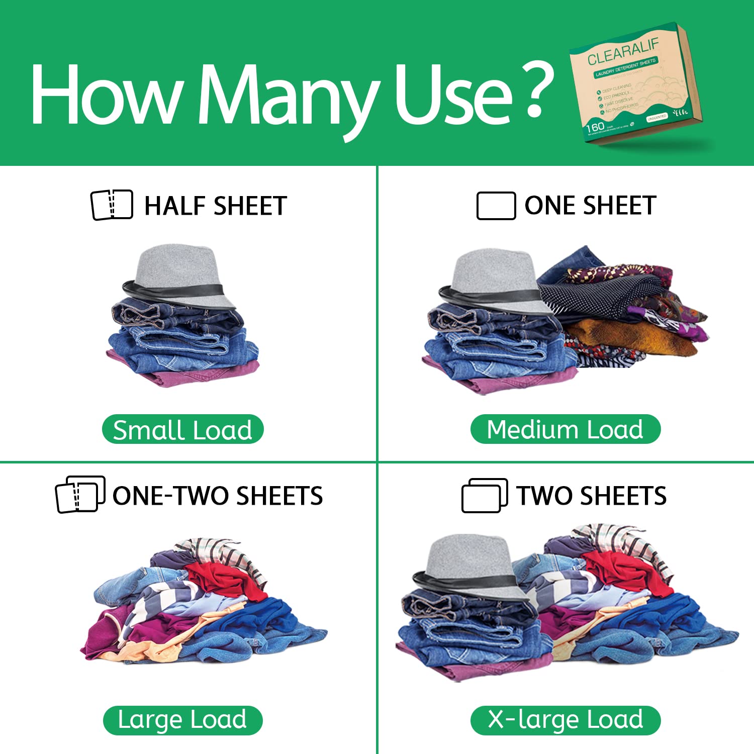 Eco-Friendly CLEARALIF Laundry Detergent Sheets - 80 Sheets (160 Loads), Unscented & Hypoallergenic, Biodegradable Laundry Strips for Sensitive Skin - Perfect for Travel, Camping & Everyday Use