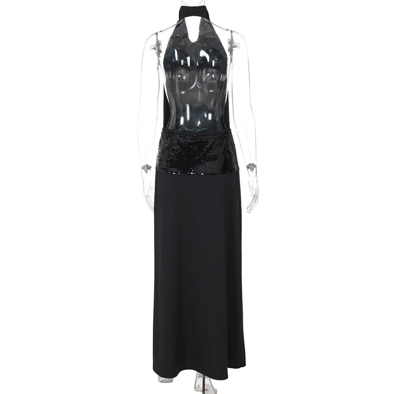 Elegant Black Halter Backless Glitter Maxi Dress for Women - High Waist Sleeveless Long Gown for Evening Party, Prom, Wedding Guest & Special Occasions