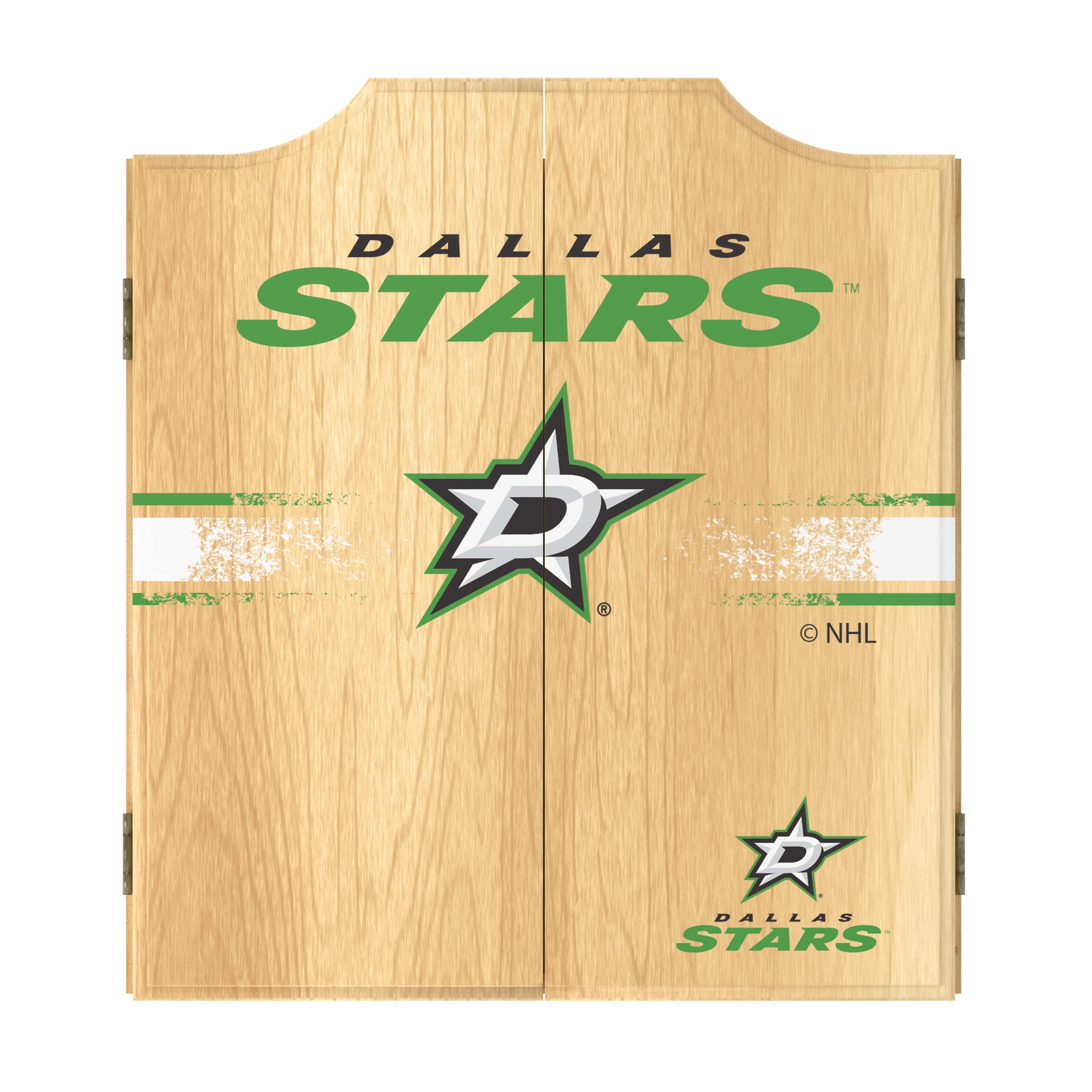 Dallas Stars Logo Dartboard Cabinet Set with 6 Steel Tip Darts, Scoreboard & Wooden Hanging Cabinet - Professional Bristle Dart Board for Game Room, Bar, or Man Cave - Perfect for Sports Fans & Home Entertainment