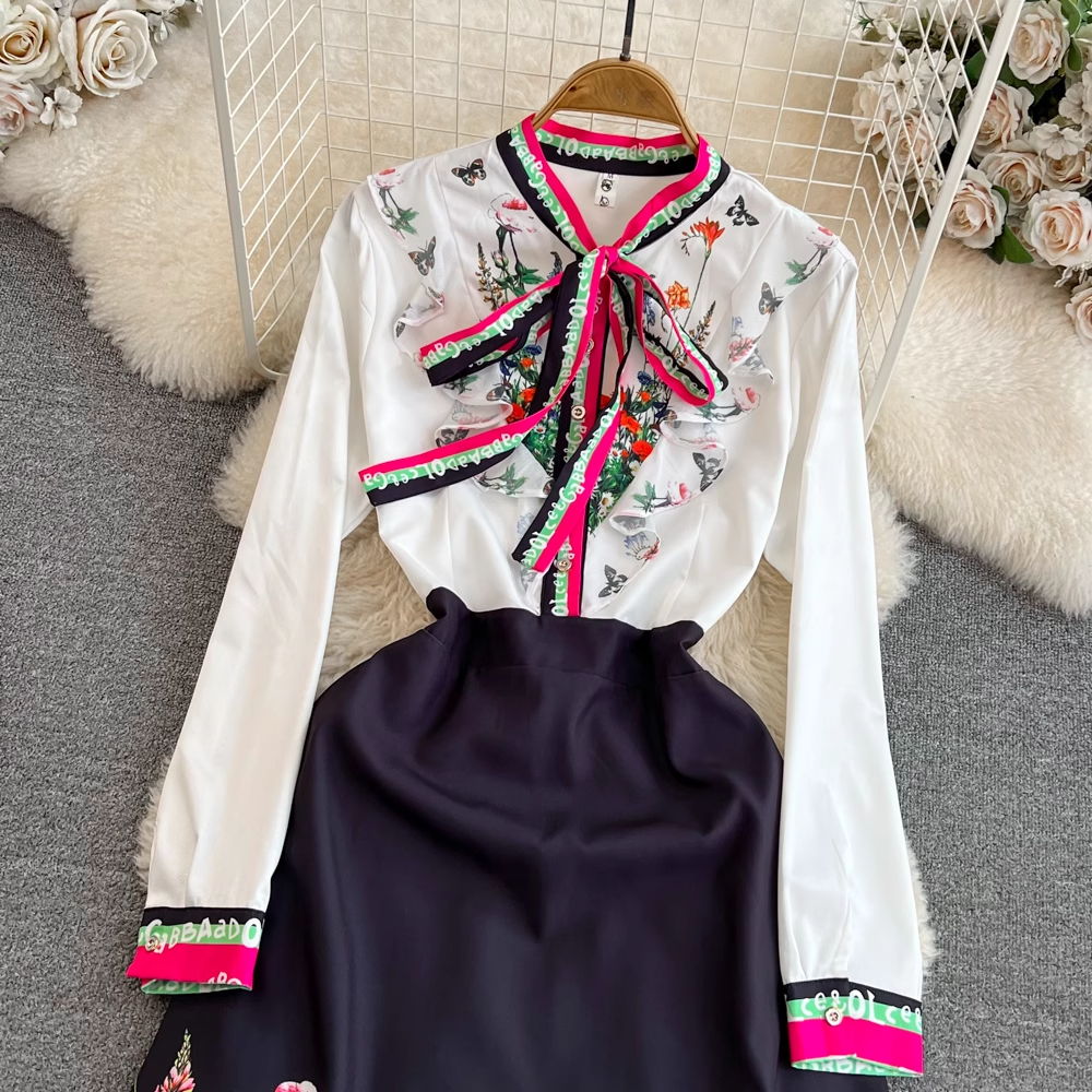 Elegant Long Sleeve Bow Tie Ruffled Rabbit Print A-Line Dress 1705 - Perfect for Easter, Spring Parties & Special Occasions
