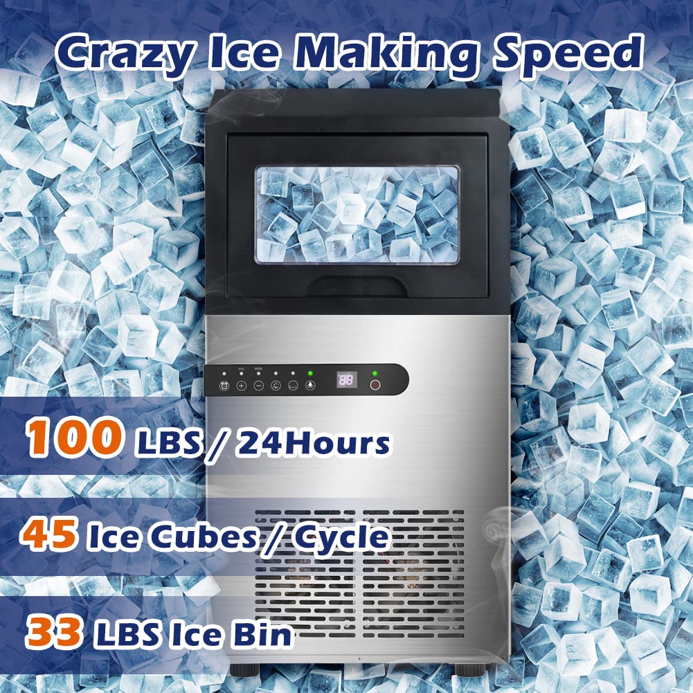 Commercial Ice Maker Machine 100lbs/24H - Stainless Steel Undercounter Ice Machine with 45 Ice Cubes per Cycle, Dual Water Inlet Modes, Self-Cleaning, 24H Timer - Perfect for Bars, Coffee Shops, Restaurants & Commercial Kitchens