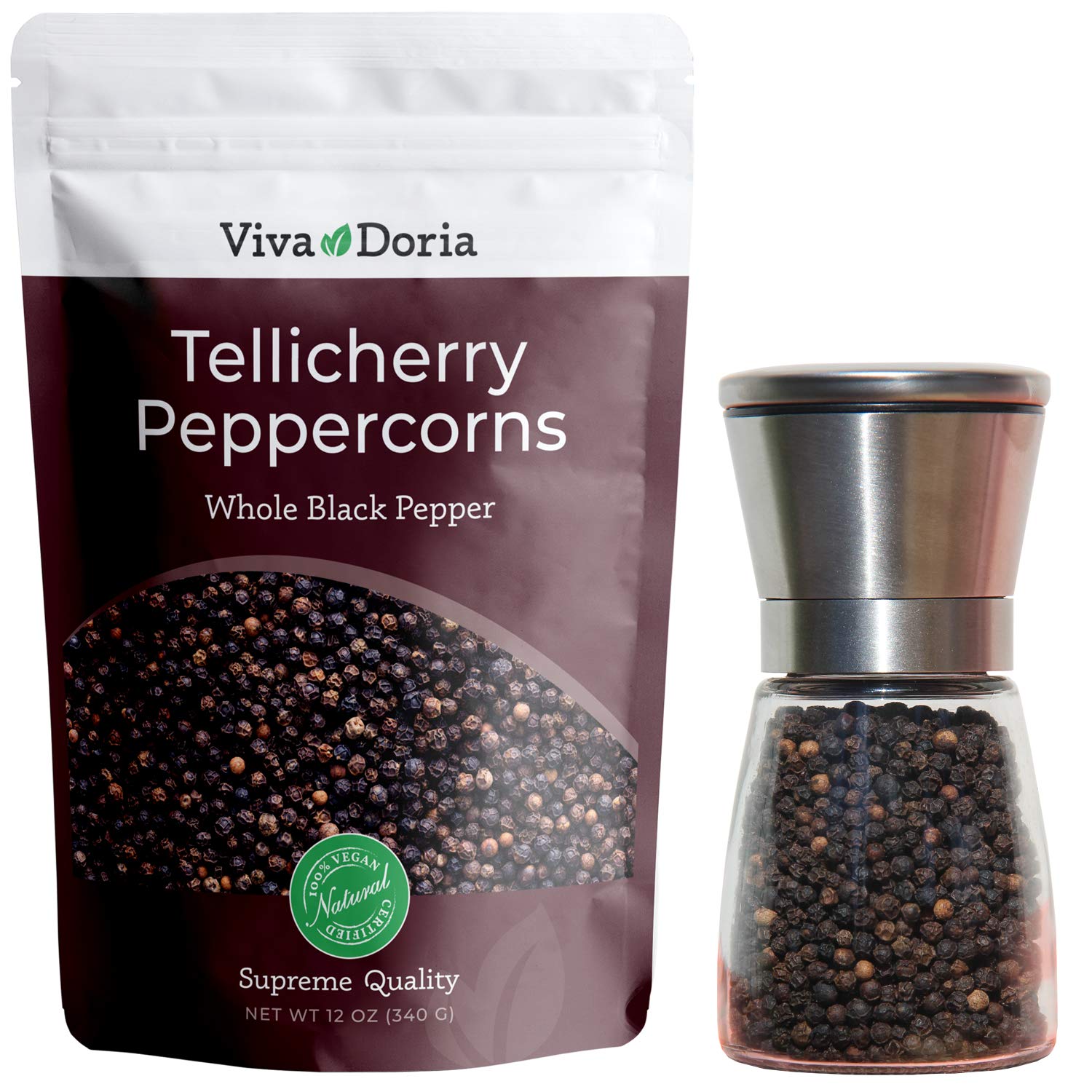 Viva Doria Tellicherry Whole Black Peppercorns 12oz - Steam Sterilized Premium Black Pepper with Free Grinder - Perfect for Cooking, Grilling & Gourmet Recipes