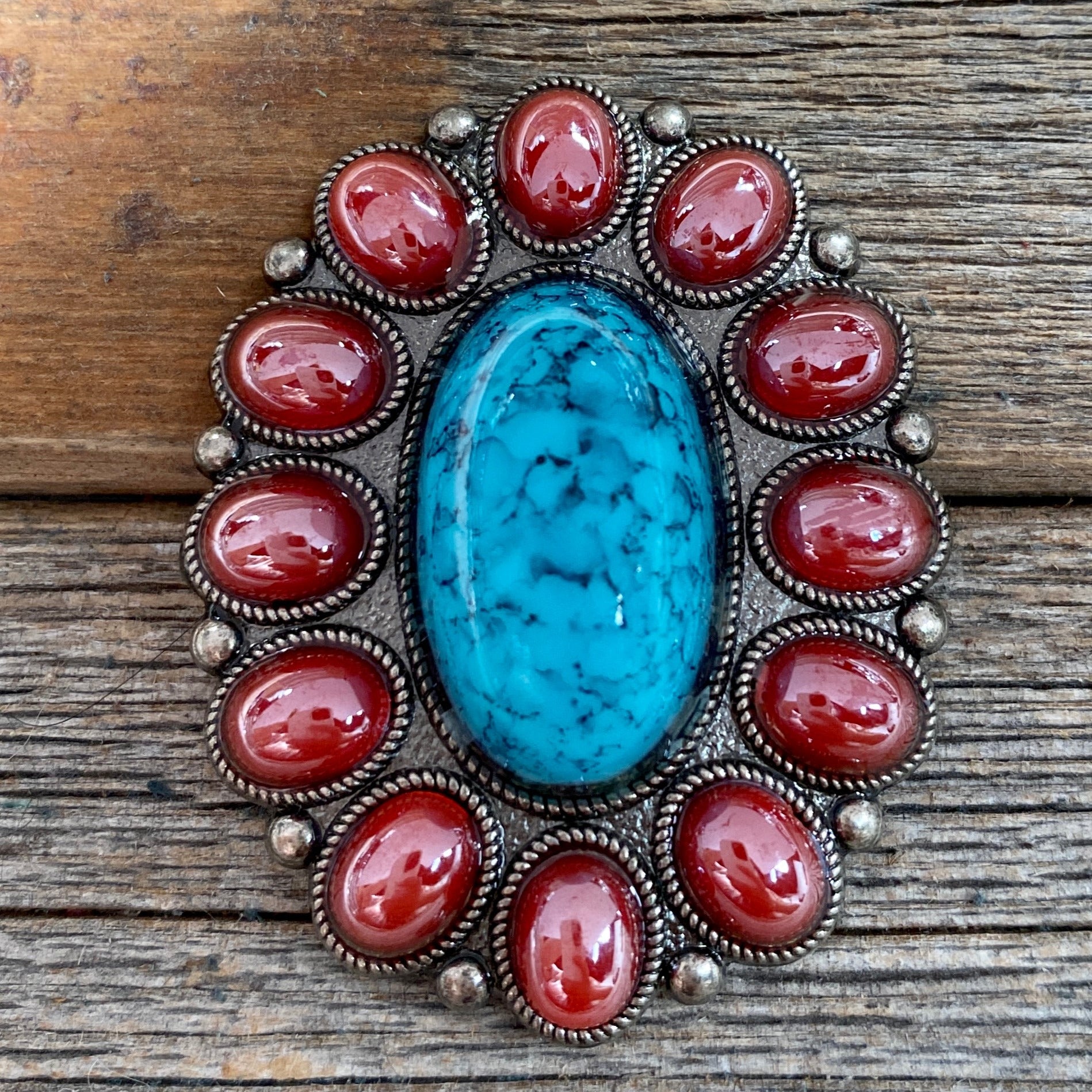 Large Turquoise and Garnet Western Concho Belt Buckle W213 for Cowboy Boots & Western Fashion Accessories