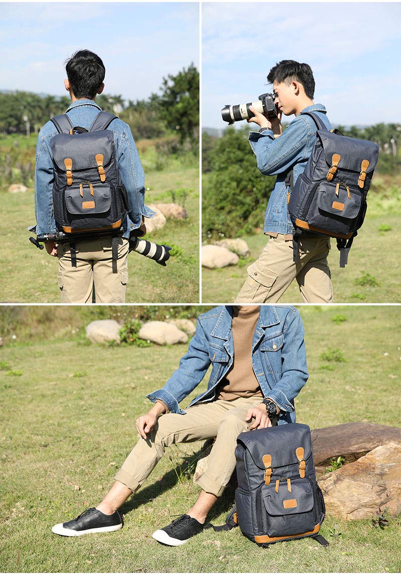 YUHAN Waterproof Canvas DSLR Camera Backpack - Large Capacity Anti-Shock SLR/DSLR Travel Bag with Front Open Access & Lens Organizer (Khaki) - Perfect for Photography Trips, Hiking & Outdoor Adventures