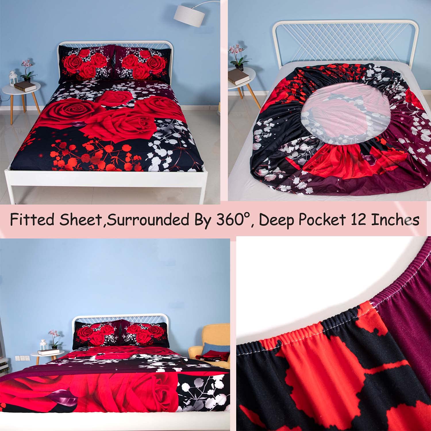 5-Piece 3D Rose Floral Duvet Cover Set - King Size Bedding with Red Rose Design, Includes 1 Duvet Cover, 1 Flat Sheet, 1 Fitted Sheet & 2 Pillow Shams - Luxury 3D Red Rose Bedspread for Wedding, Master Bedroom or Guest Room