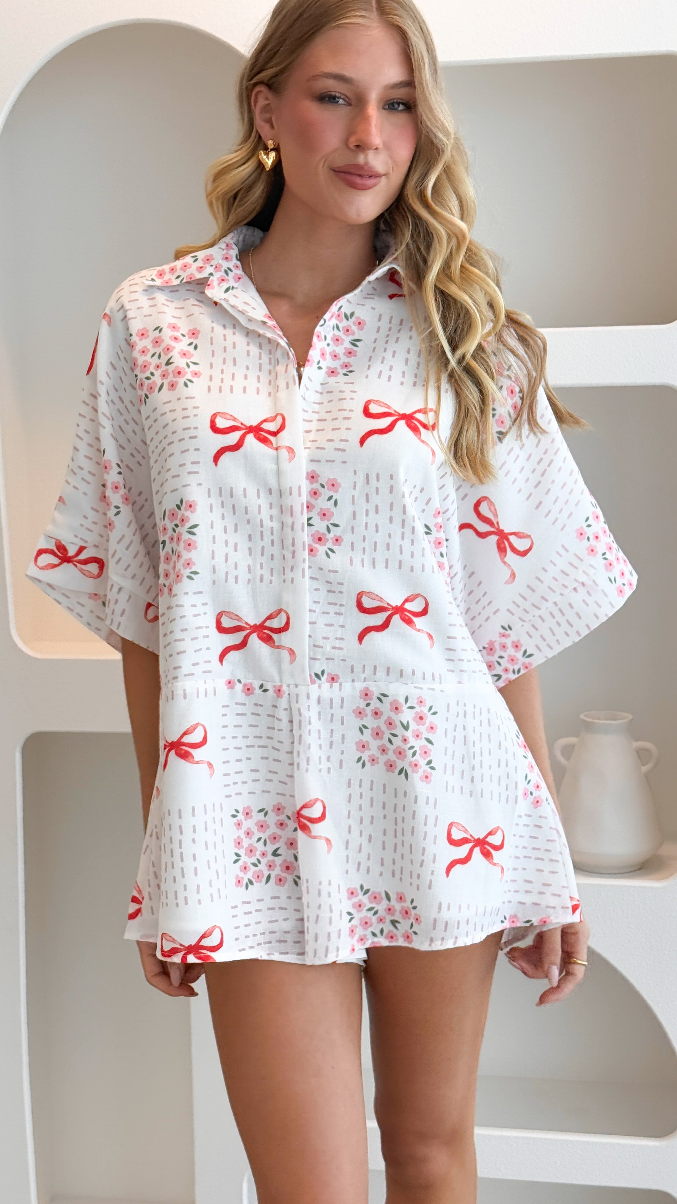 Alexandria Playsuit for Women - Sweet Bow Pink Floral Romper Jumpsuit | Summer Casual Outfit for Beach, Party & Vacation