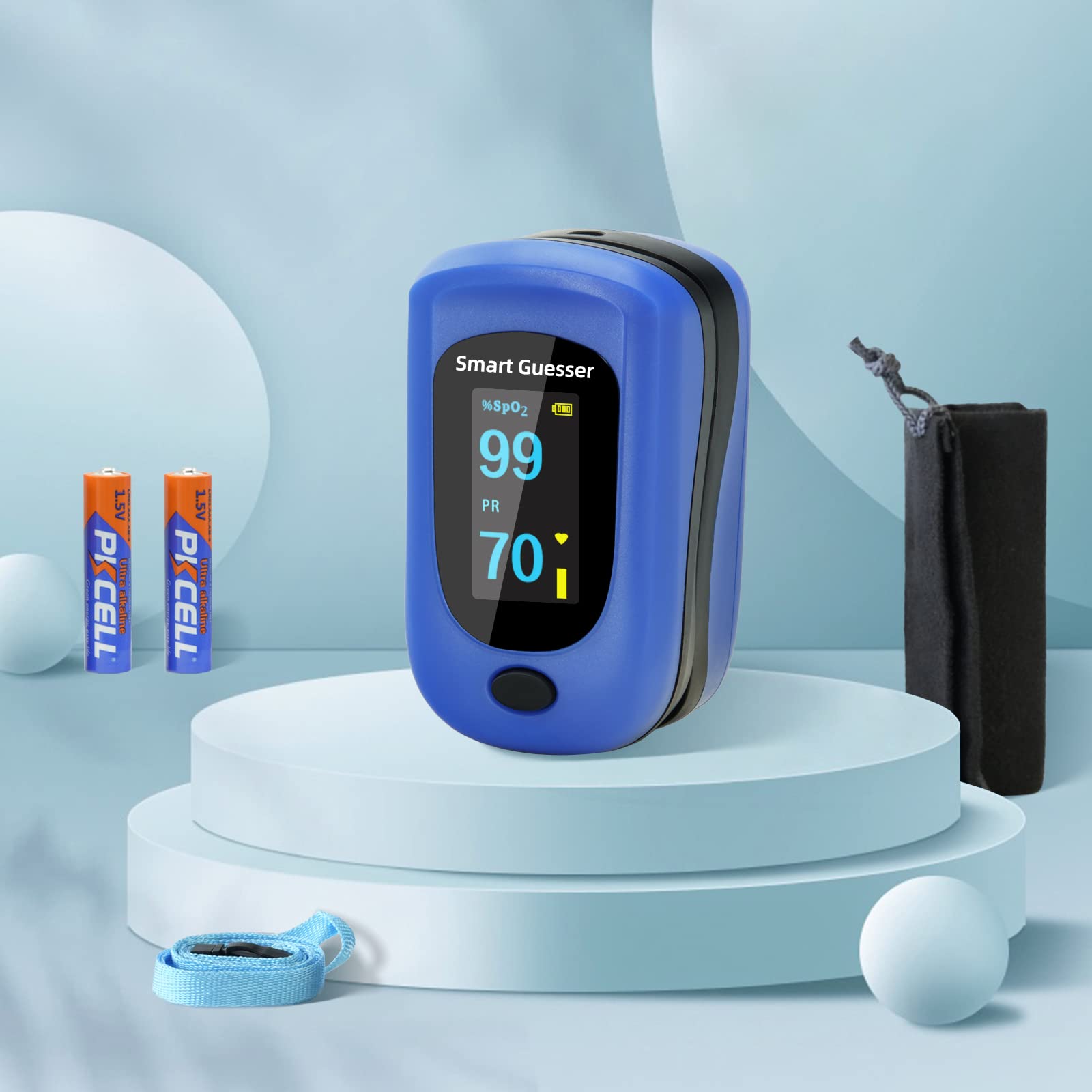 Fingertip Pulse Oximeter - Accurate Blood Oxygen Saturation (SpO2) & Heart Rate Monitor with OLED Display | Includes AAA Batteries, Lanyard & Protective Case (Blue) | Ideal for Home Health Monitoring, Fitness Tracking & Medical Use