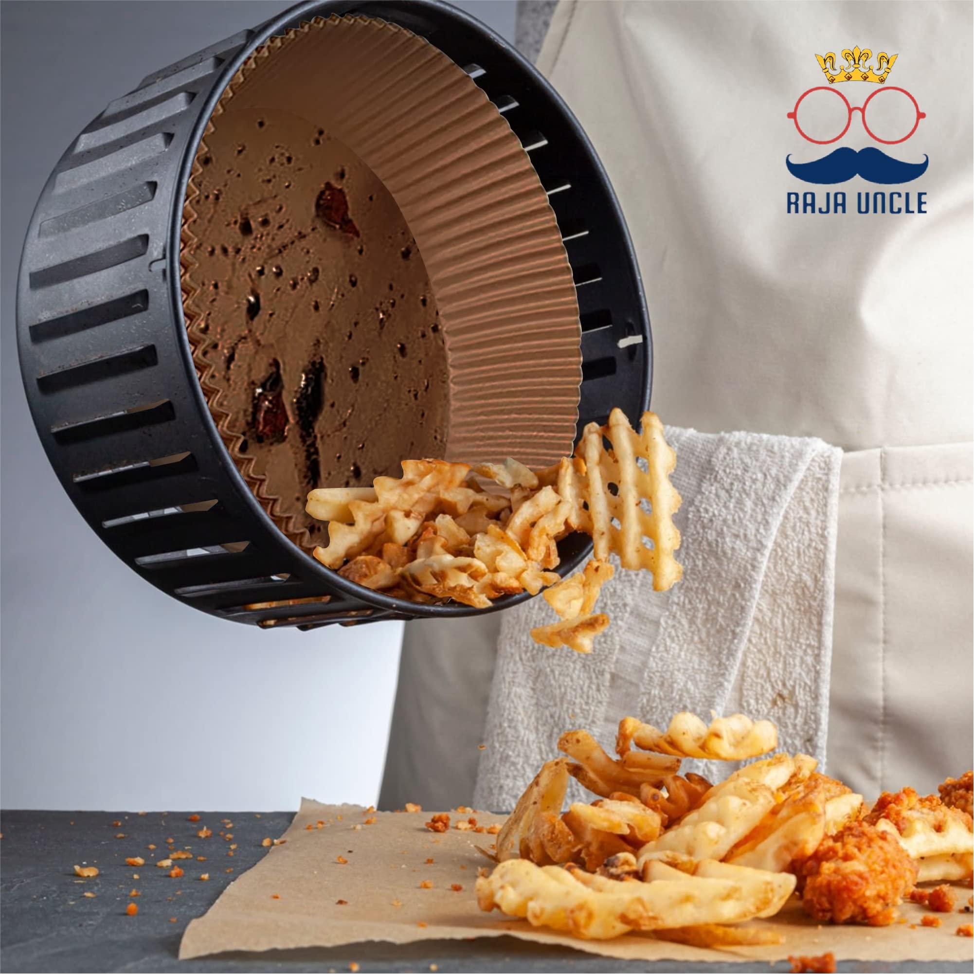 RAJA UNCLE 100PCS 6.3 Inch Round Air Fryer Liners - Disposable Non-Stick Greaseproof Paper Liners for COSORI, Ninja & Tower Air Fryers - Perfect for Cooking Chicken Wings, French Fries & Healthy Snacks