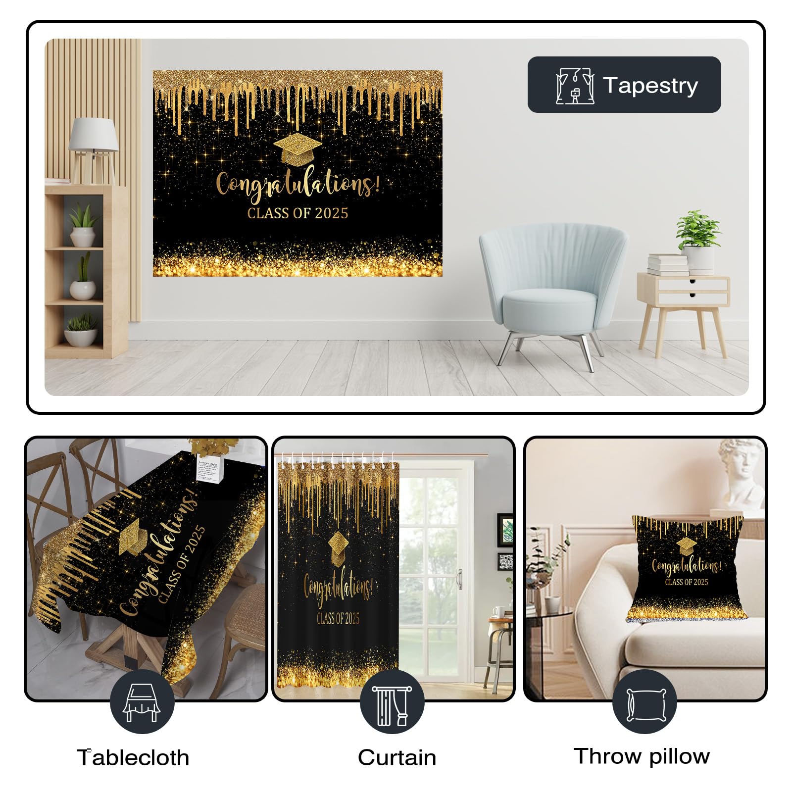 2025 Black & Gold Graduation Backdrop 7x5ft - Class of 2025 Congrats Grad Banner & Photo Background - Perfect for Graduation Parties, School Events & Photo Booths