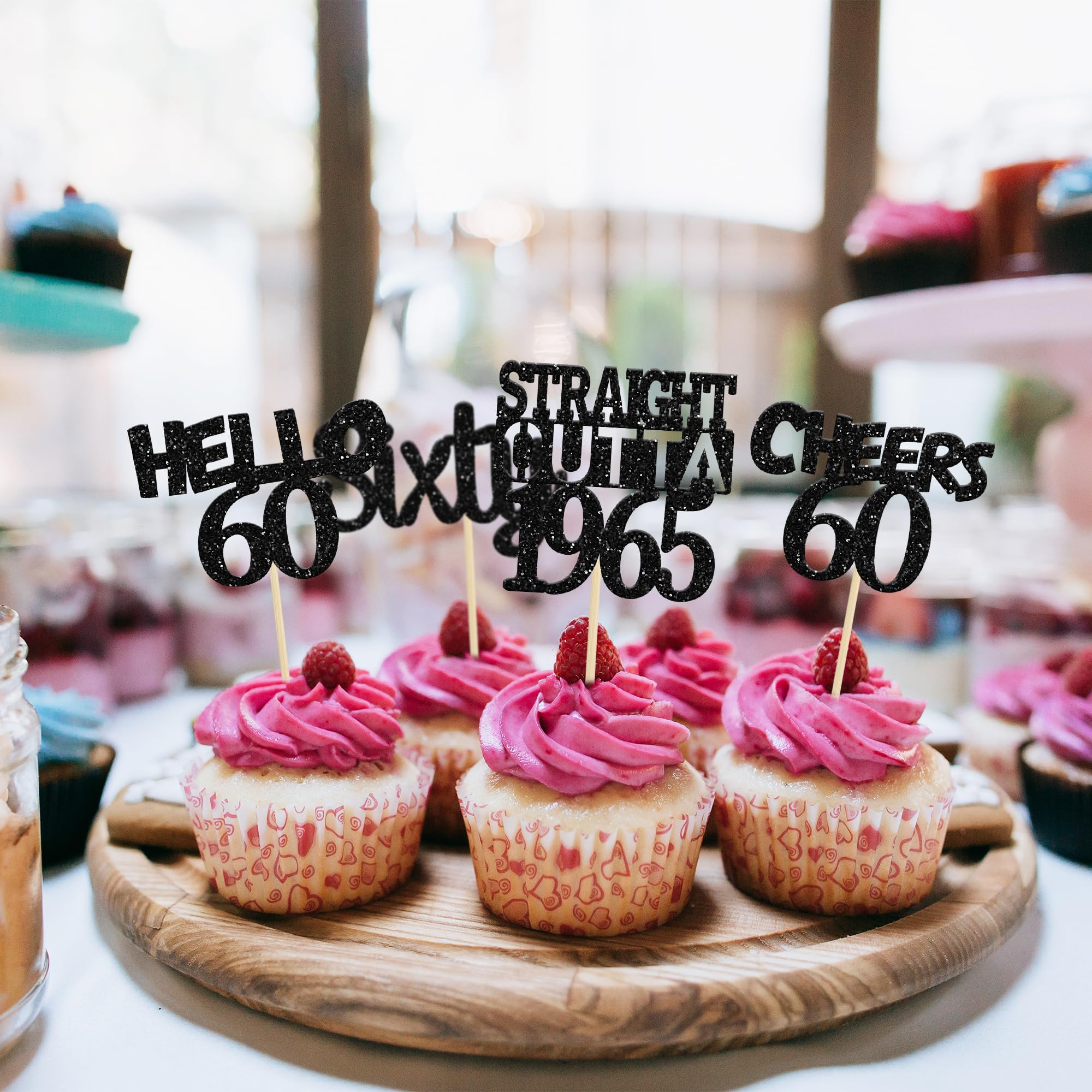 24 Pack Black 60th Birthday Cupcake Toppers - Glitter Sixty Straight Outta 1965 Decorations for Hello 60 Cupcakes | Cheers to 60 Years Anniversary Cake Supplies | Perfect for Milestone Birthdays, Retirement Parties & Golden Jubilee Celebrations