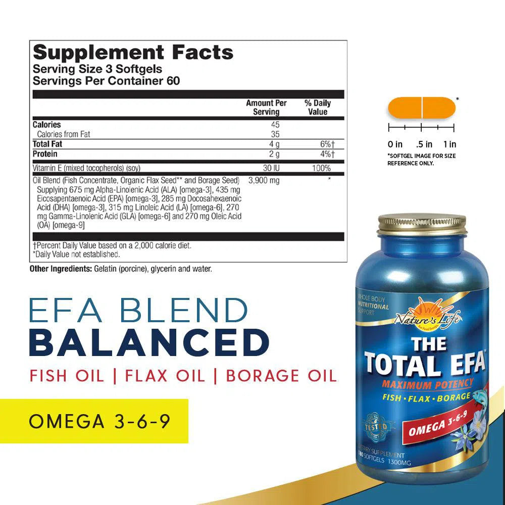Nature's Life The Total EFA Maximum Potency Omega-3-6-9 Supplement - Supports Heart, Brain & Joint Health - Perfect for Active Lifestyles & Wellness Routines