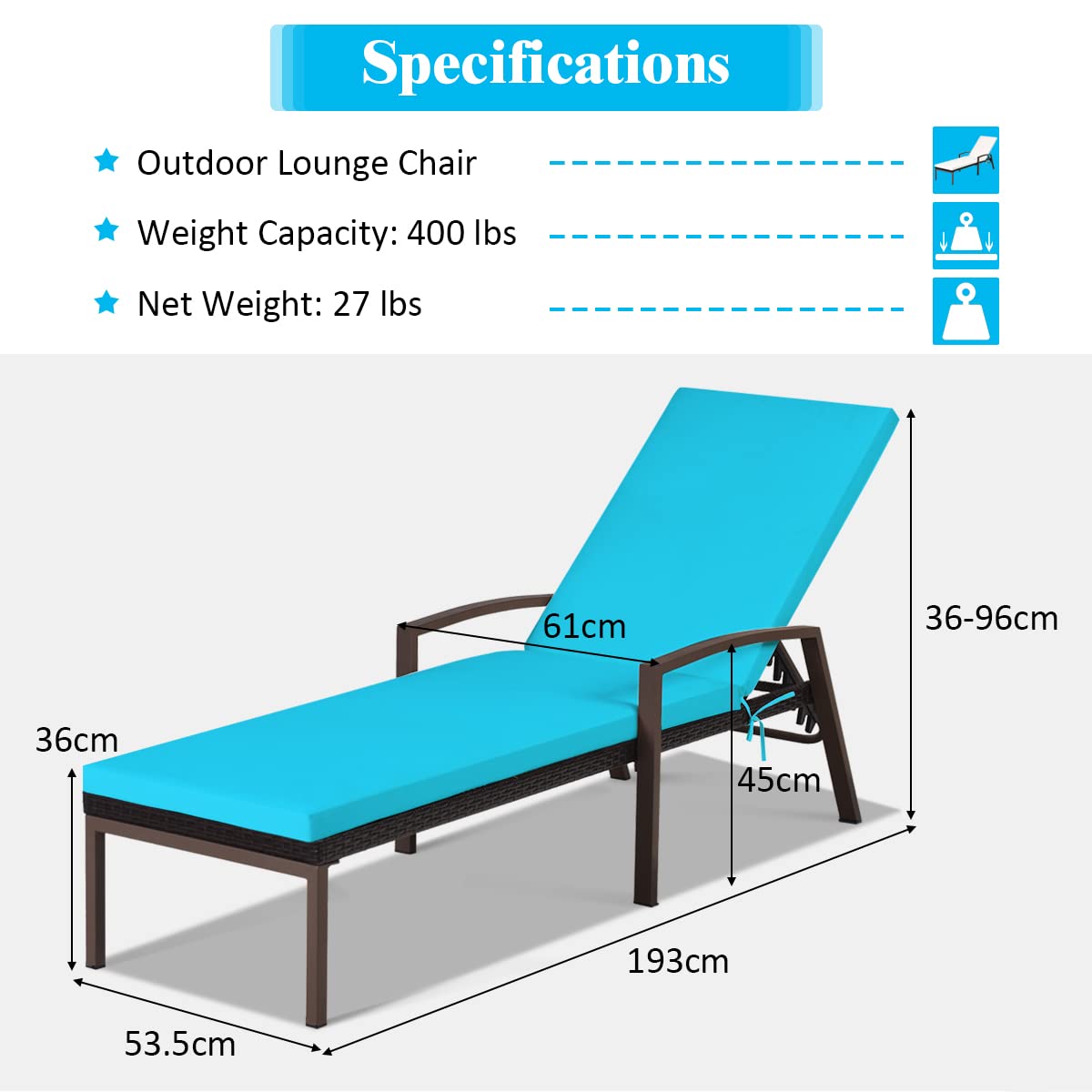 2PCS Patio Chaise Lounge Chairs - Outdoor Rattan Sun Lounger with Soft Cushions, Adjustable Backrest & Comfortable Armrest - Wicker Reclining Chaise for Poolside, Lawn, Garden, Balcony (Turquoise) - Perfect for Relaxing by the Pool, Sunbathing in Backyard or Lounging on Your Patio