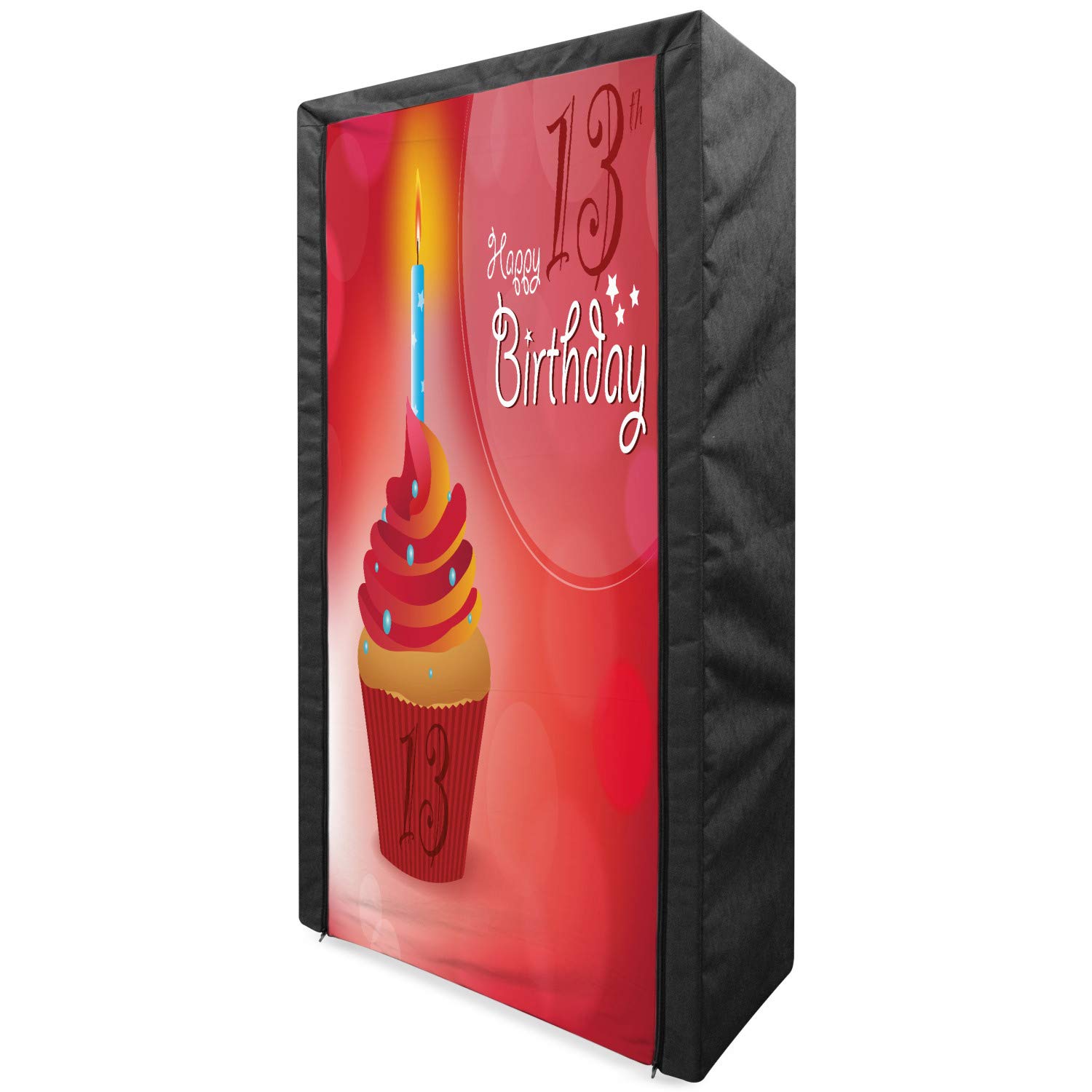 Ambesonne 13th Birthday Portable Fabric Wardrobe - Cupcake with Blue Candle Themed Clothing Organizer & Storage Closet with Shelves, 33.5 Inches, Red Orange Blue - Perfect for Teen Bedroom, Birthday Party Decor & Gift