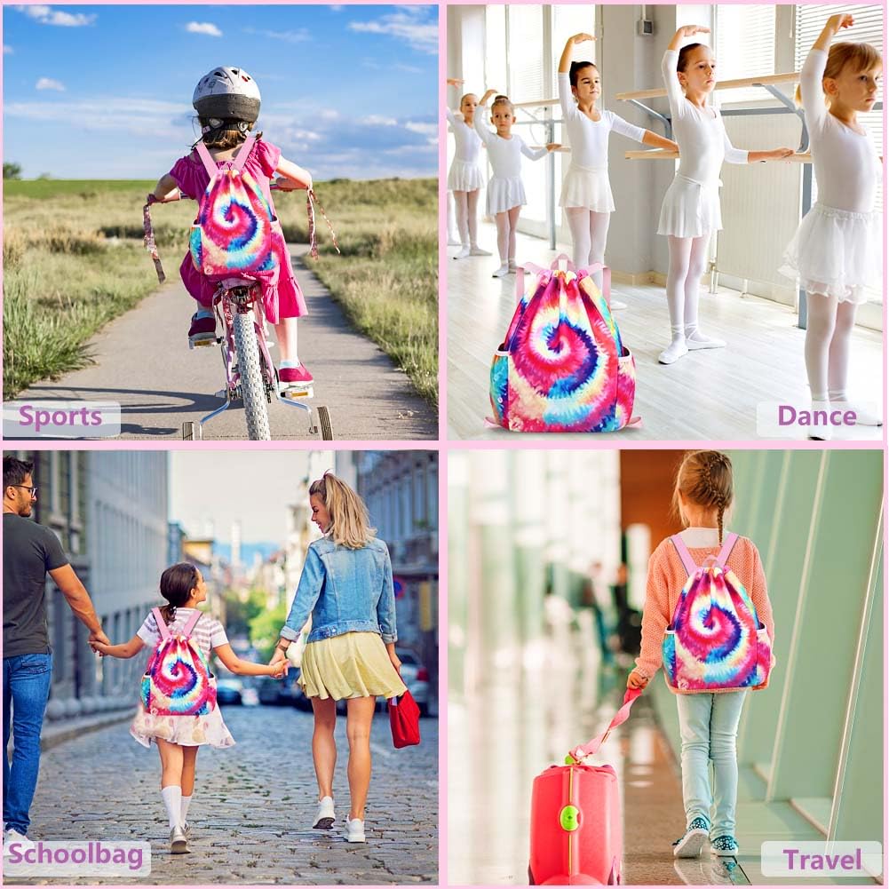 RHCPFOVR Kids Tie Dye Drawstring Backpack - Lightweight Mini Gym Bag for Girls, Dance, Beach, Swim & Travel with Dual Water Bottle Holders | Perfect for School, Sports & Outdoor Activities