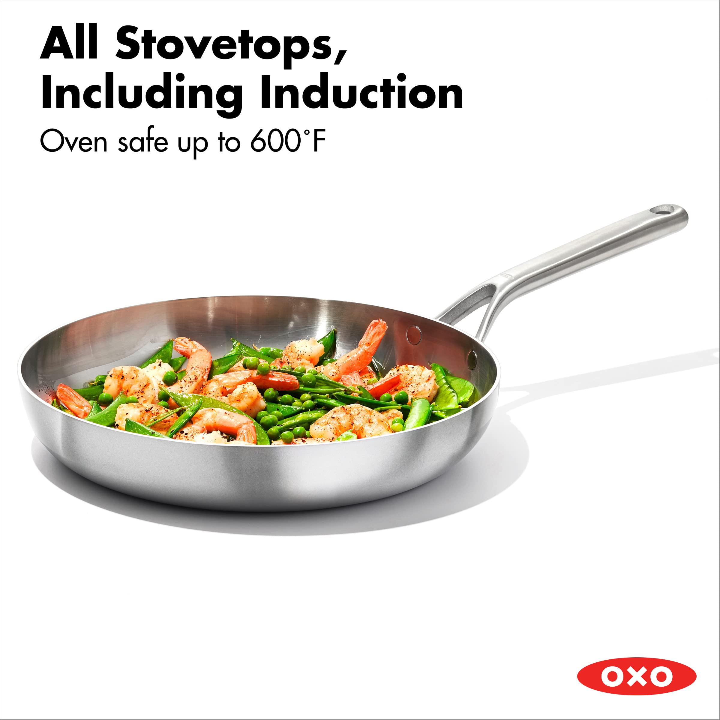 OXO Mira Tri-Ply Stainless Steel 12-Inch Frying Pan Skillet - Induction Compatible, Multi-Clad Construction, Dishwasher & Metal Utensil Safe - Perfect for Searing, Sauteing & Everyday Cooking
