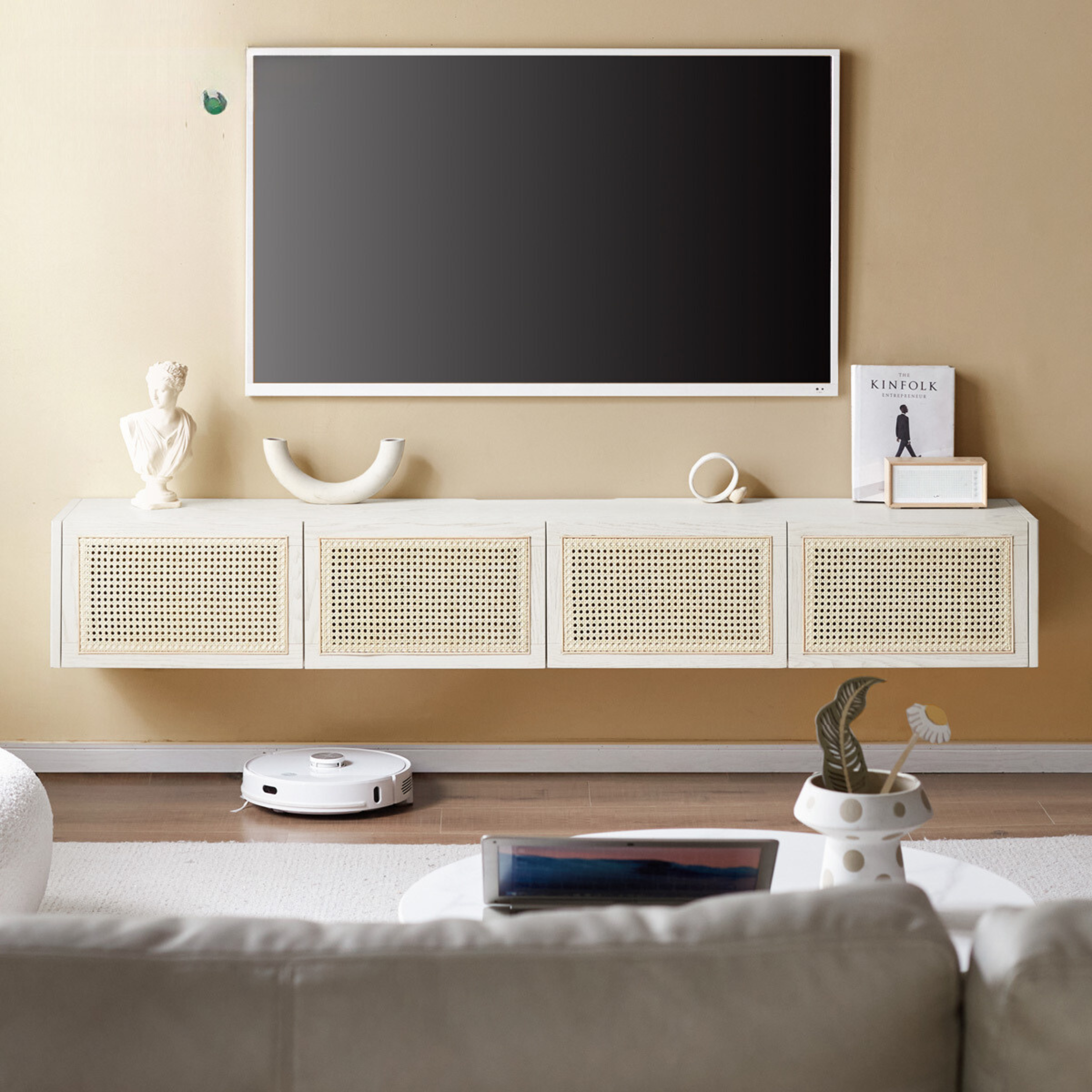 Solid Oak Wood Rattan TV Stand with LED Lights - Modern Cream Style Entertainment Center for Living Room, Bedroom & Home Theater