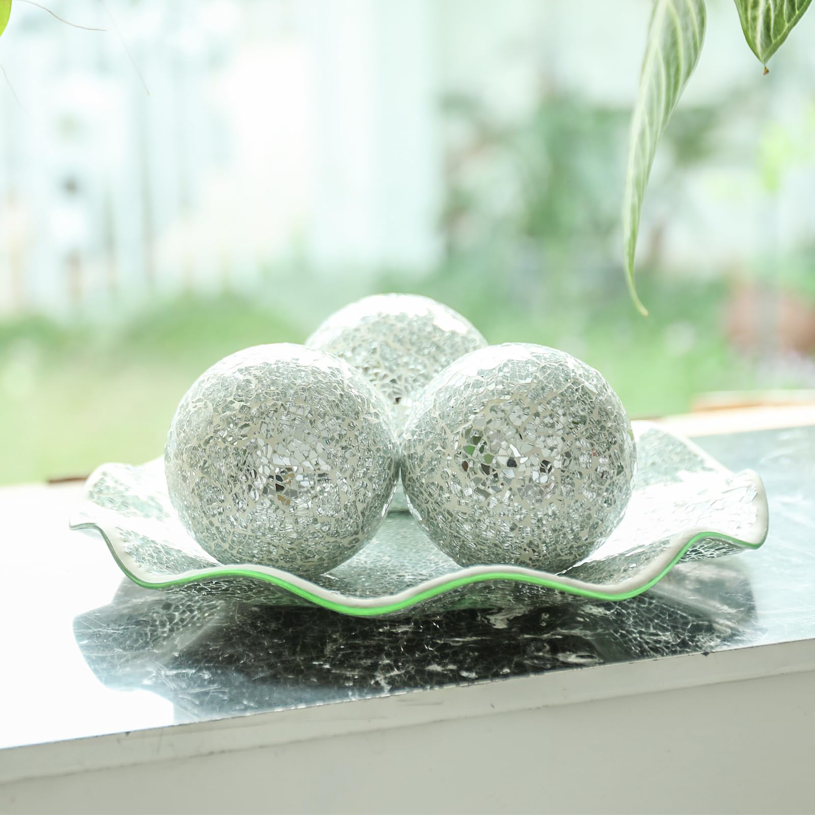 VCUTEKA 4 Inch Decorative Mosaic Glass Balls with Silver Bowl - Elegant Home Decor Centerpiece for Coffee Table, Wedding Party, Holiday Display | Perfect for Living Room, Dining Table, and Event Decorations