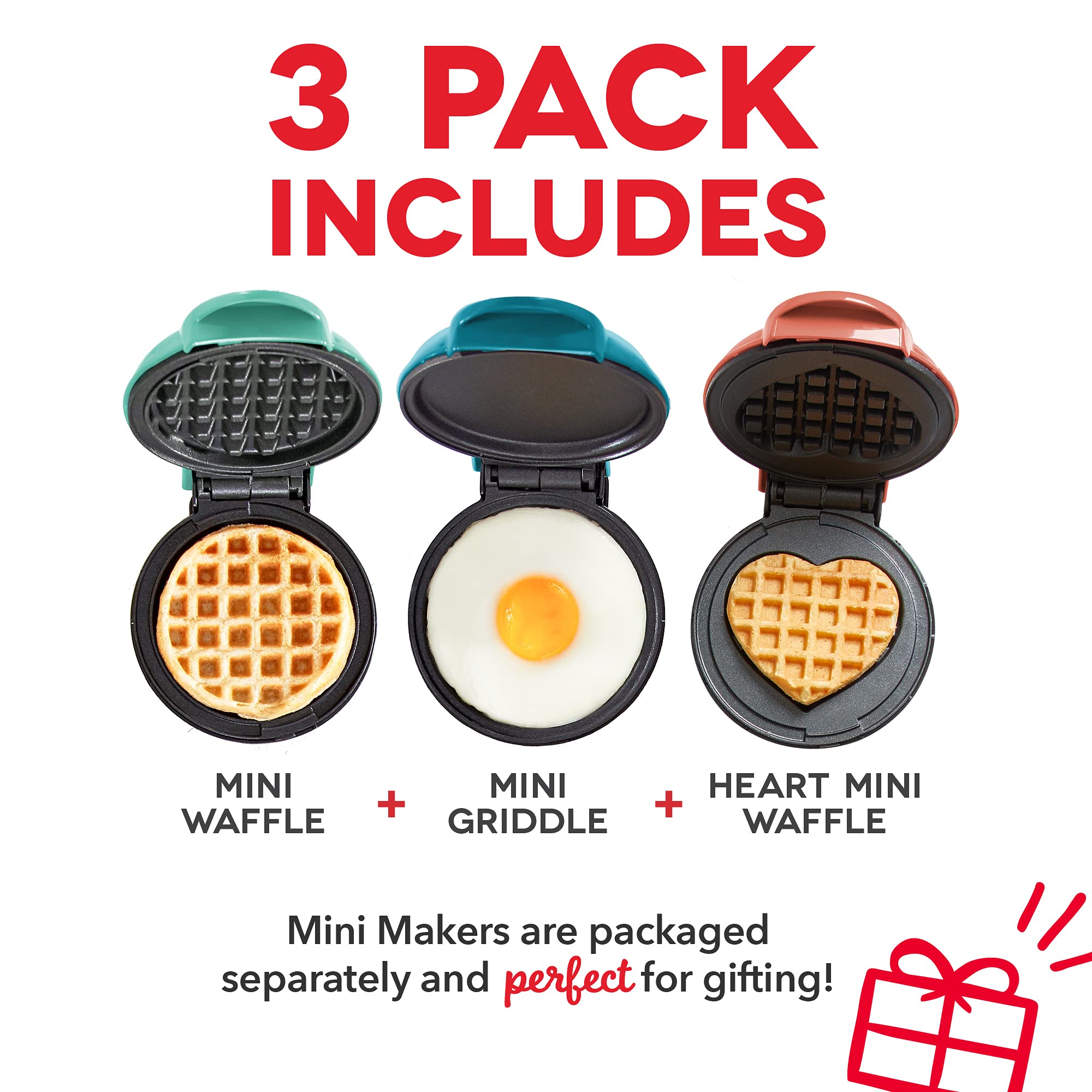 DASH Mini Waffle Maker 3-Pack Gift Set - Mini Round Waffle Iron, Heart Waffle Maker & Mini Griddle for Pancakes - Perfect for Breakfast, Desserts & Kids Snacks - Compact Kitchen Appliances for Small Spaces