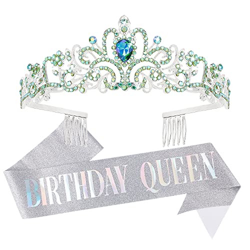 Velscrun Women's Birthday Tiara Crown & Queen Sash Set - Green AB Crystal Princess Headband for Birthday Party Decorations | Perfect for Birthday Celebrations, Bachelorette Parties & Special Occasions