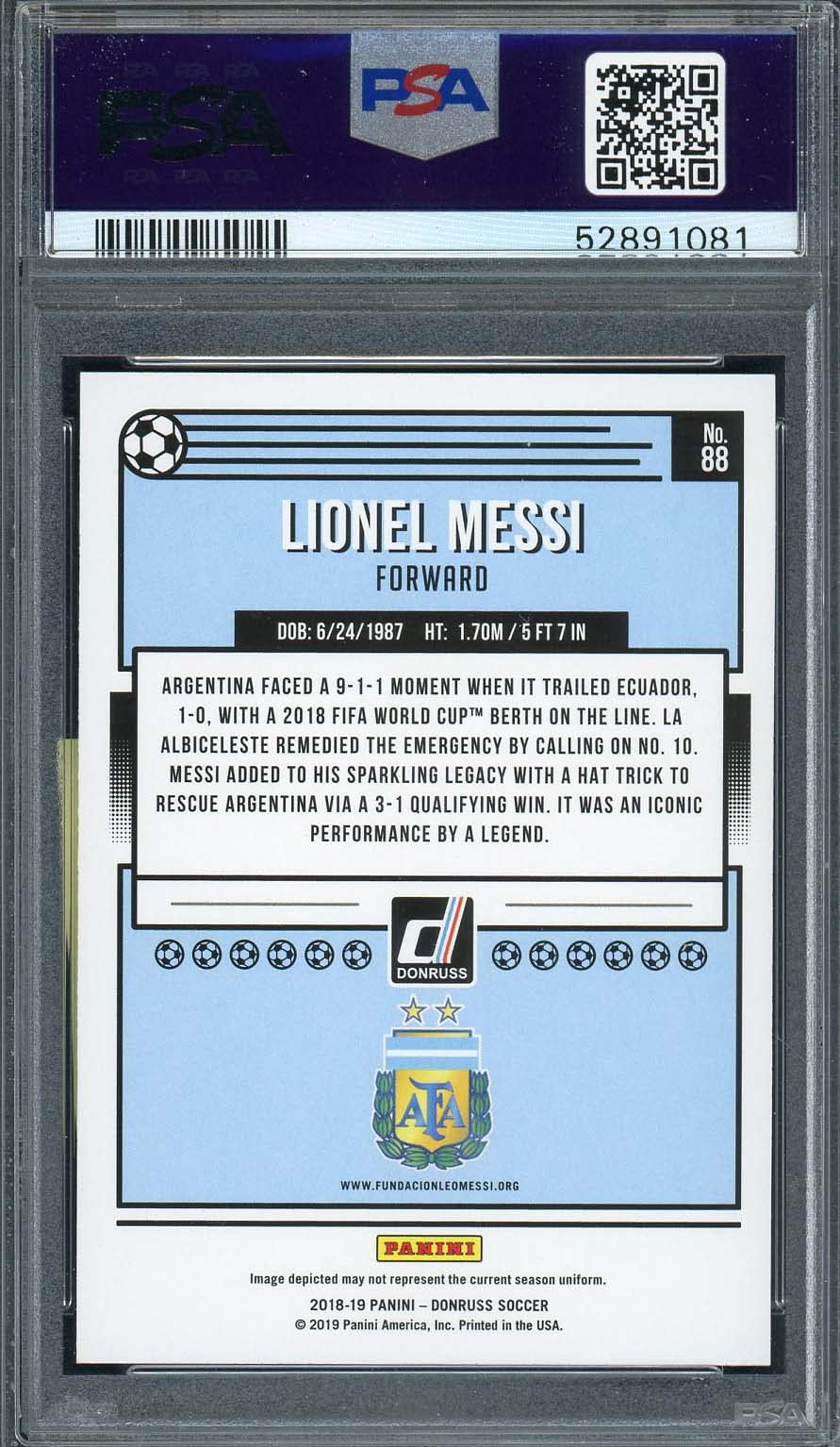 Lionel Messi 2018 Panini Donruss Soccer Card #88 PSA 10 Graded - Rare Collectible for Soccer Fans & Sports Memorabilia Enthusiasts - Perfect for Display, Investment, and Gifting