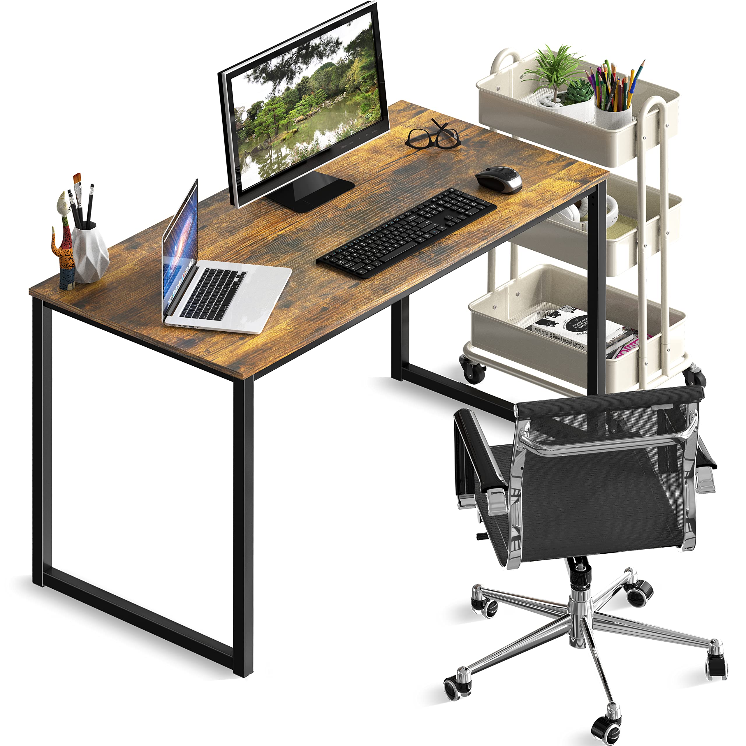 SHW Mission 40-Inch Home Office Computer Desk, Rustic Brown - Modern Writing Desk for Small Spaces, Work from Home & Study - Sturdy Wooden Workstation with Ample Storage Space