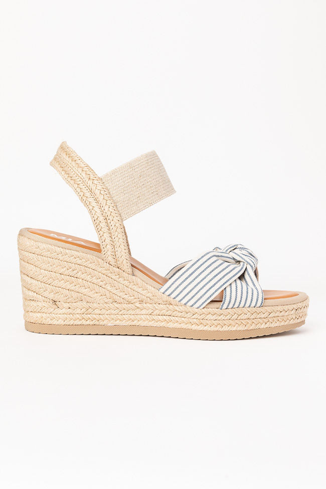 Patton Blue and White Striped Knot Wedge Sandals - Women's Comfortable Summer Shoes for Beach, Pool, and Casual Outings