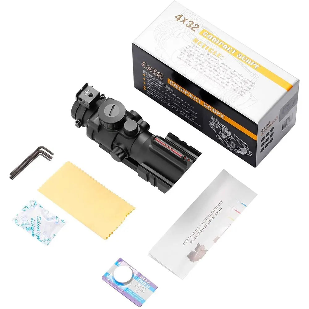 Tactical 4x32 ACOG Rifle Scope with 20mm Dovetail Mount | Green Reflex Sight for Hunting, Air Gun, Rifle & Airsoft | Perfect for Sniper Magnification & Outdoor Shooting Adventures