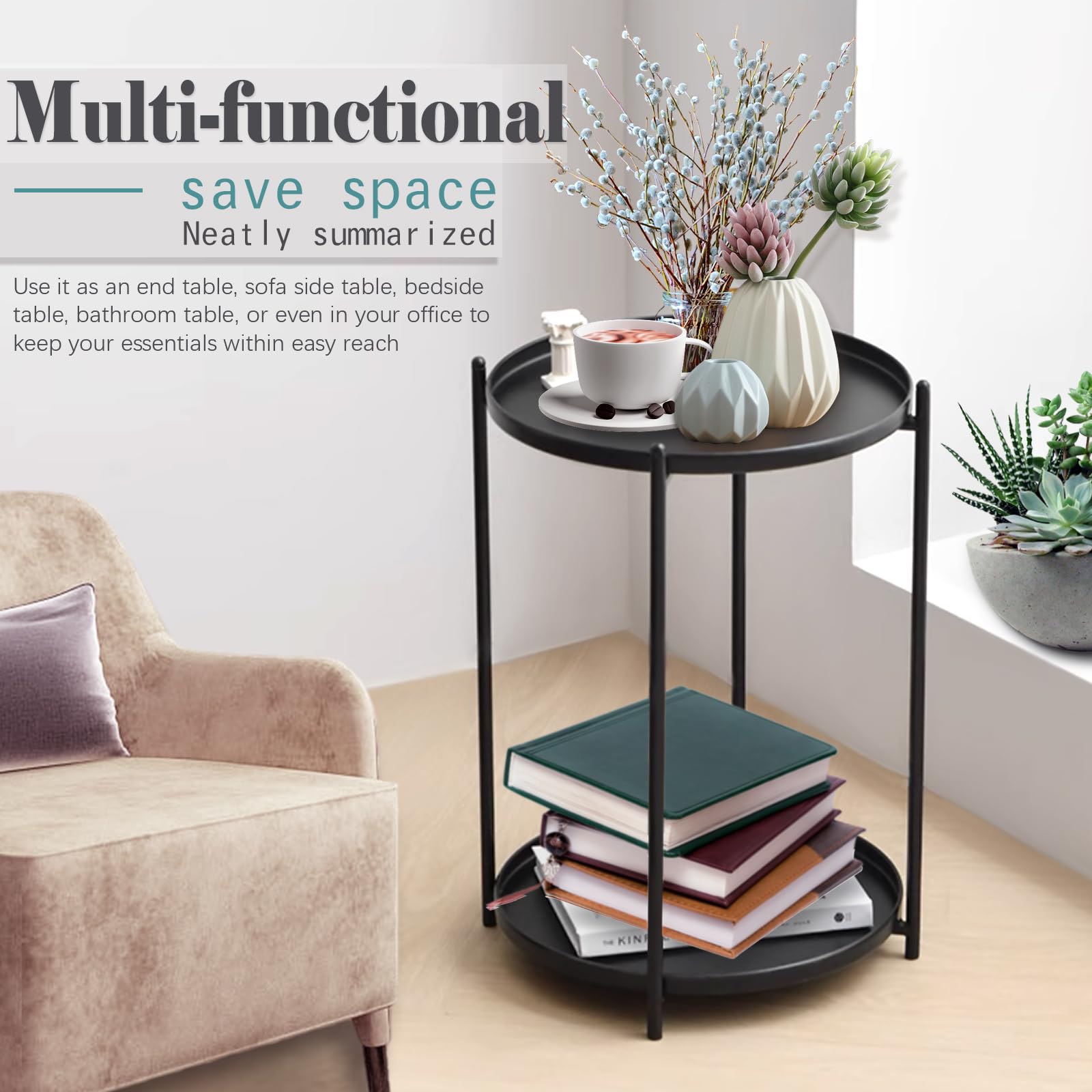 2-Tier Round Side Table with Removable Tray - Small End Table for Nursery, Bedroom, Living Room, Balcony, Office & Kitchen | Perfect for Coffee, Reading & Home Decor