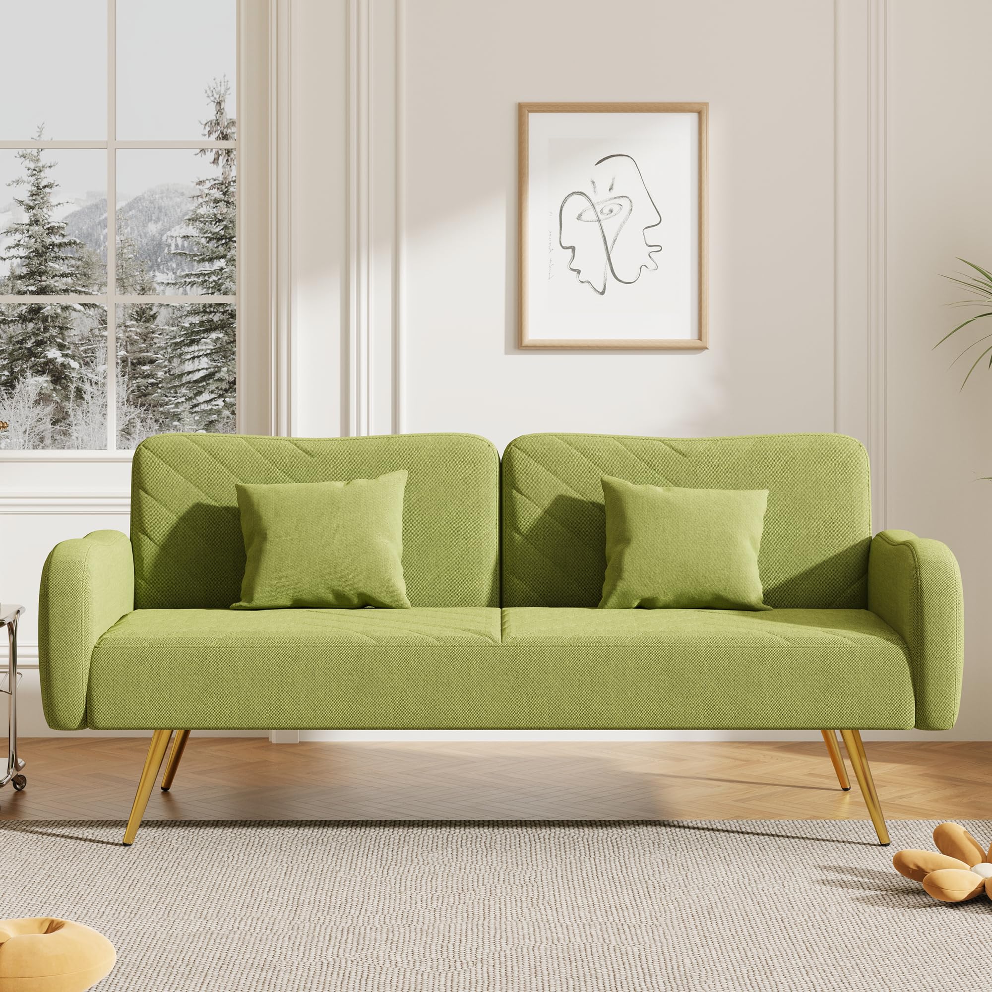 P PURLOVE Modern Convertible Sofa Bed with Adjustable Backrest & Armrests - 2 Throw Pillows Included - Upholstered Sleeper Sofa for Living Room, Bedroom, Office (Green) - Perfect for Small Spaces, Guest Rooms & Studio Apartments