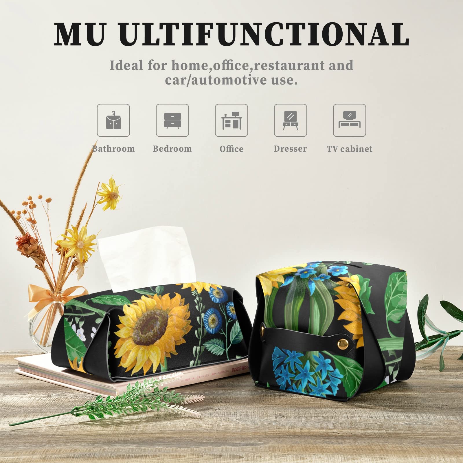 Yellow Sunflowers & Blue Flowers Leather Tissue Box Cover with Handle - Seamless Black Rectangle Design for Bathroom, Home, Office & Car (9.4x5.1x3.6 in) | Perfect for Nightstands, Vanity Countertops & Desk Decor