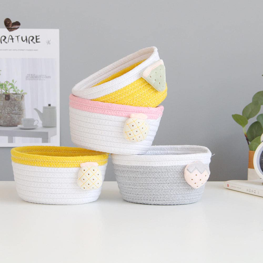 Handwoven Cotton Rope Storage Basket - Natural Yellow Desktop Organizer for Home, Office & Kitchen | Perfect for Fruit Display, Sundries Storage & Decorative Home Decor