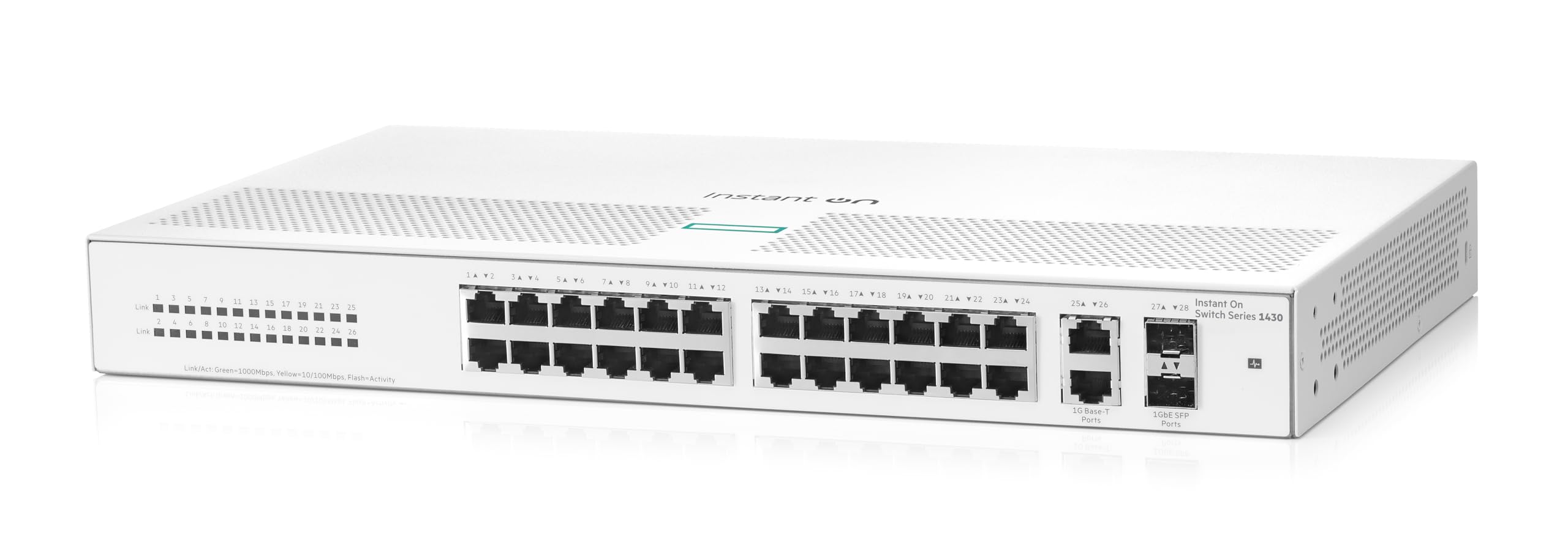 HPE Networking Instant On 1430 26-Port Gigabit Unmanaged Layer 2 Ethernet Switch | 26x 1G Ports + 2x SFP Uplinks | Fanless Design | US Power Cord (R8R50A#ABA) | Ideal for Small Business Networks & Home Office Setups