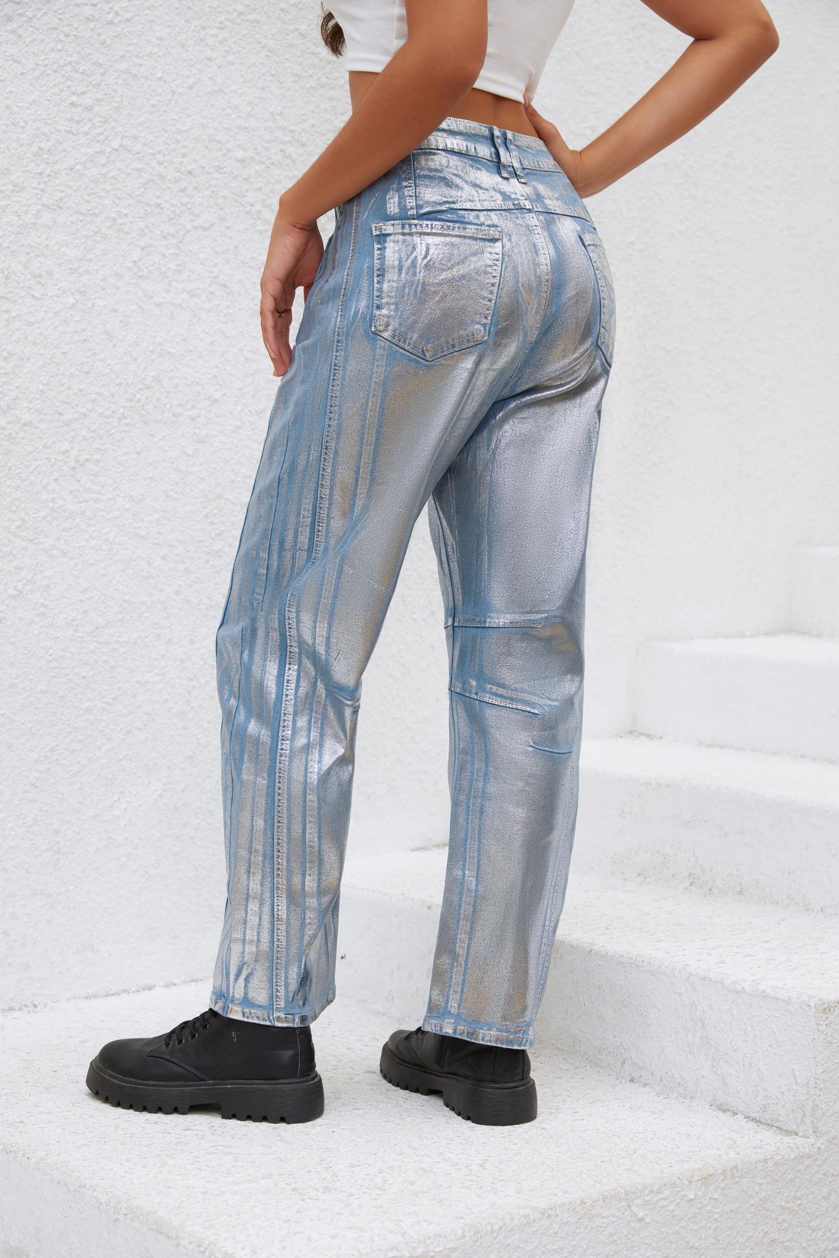 Shiny Metallic Barrel Jeans for Women - Y2K Disco Pants for Party & Nightlife