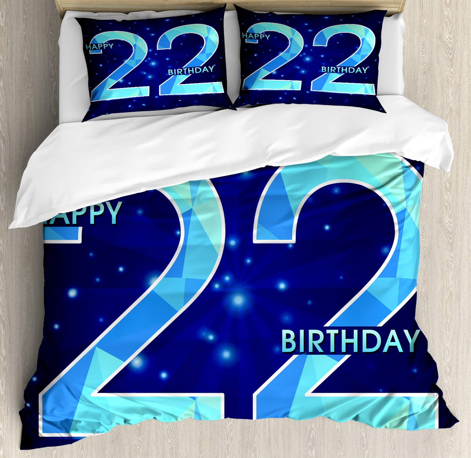 Ambesonne 22nd Birthday Duvet Cover Set - Happy Age Anniversary Theme with Digital Polygon Star Design | 3-Piece Bedding Set Includes 2 Pillow Shams | California King Size in Dark & Sky Blue | Perfect for Birthday Gifts, College Dorm Decor & Modern Bedroom Styling