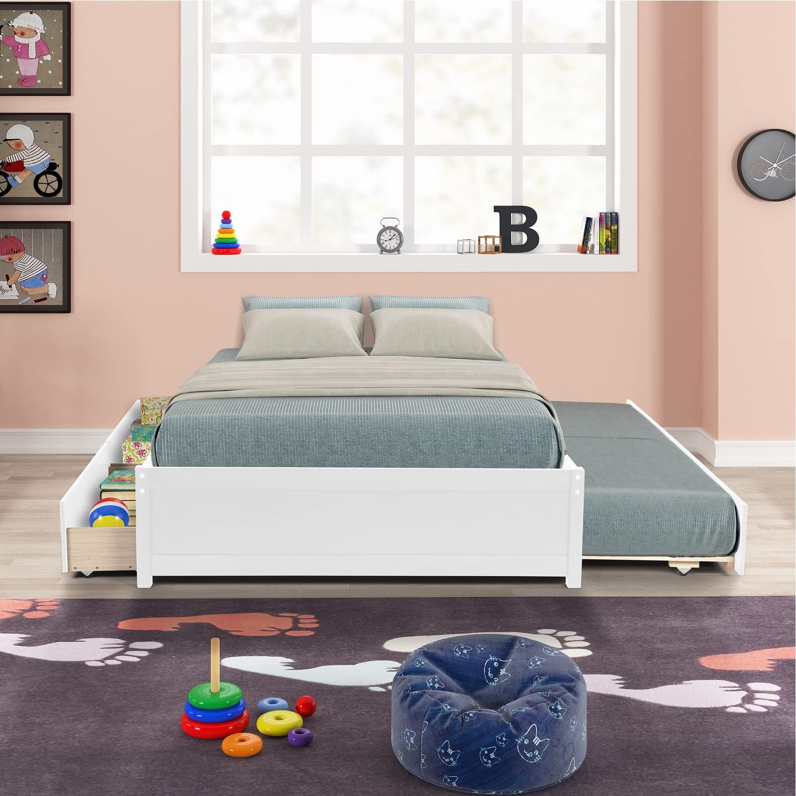**Danxee White Wooden Captain's Bed with Storage, Twin Size Trundle & 2 Drawers - Full Size Platform Daybed for Kids & Teens - Perfect for Small Bedrooms, Guest Rooms & Dormitories**