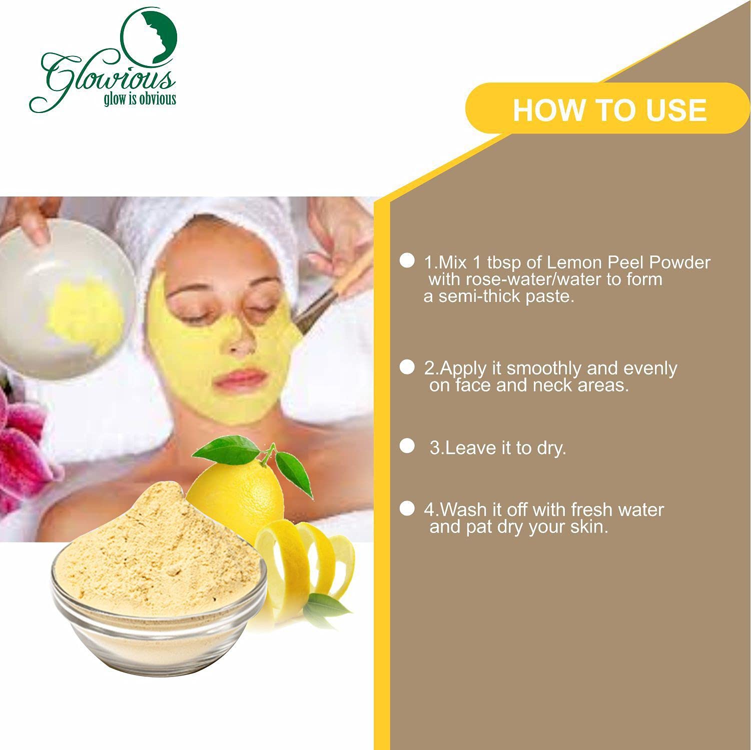 Glowious Combo Pack of 2 - Pure & Natural Multani Mitti (Fuller's Earth) Powder & Lemon Peel Powder for Face & Skin Care, 100g (50g x 2) | Brightening, Exfoliating & Oil Control | DIY Face Masks & Natural Beauty Treatments