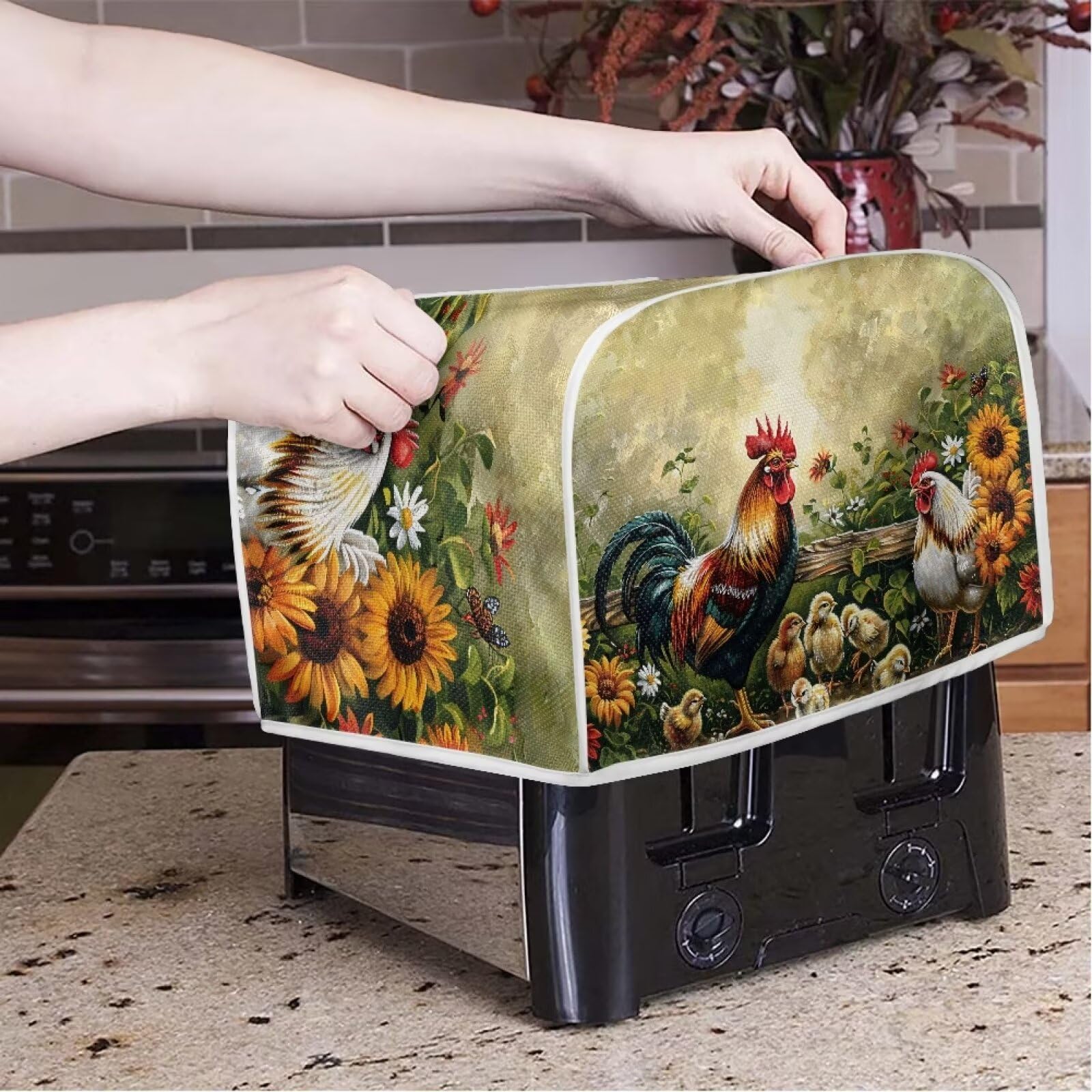 ZDCUSTOM Heat-Resistant Toaster Cover with Top Hook - Anti-Splash, Washable Dust Protector for Toaster Ovens (Rooster & Sunflower Design) - Perfect for Kitchen Countertop Protection and Appliance Maintenance