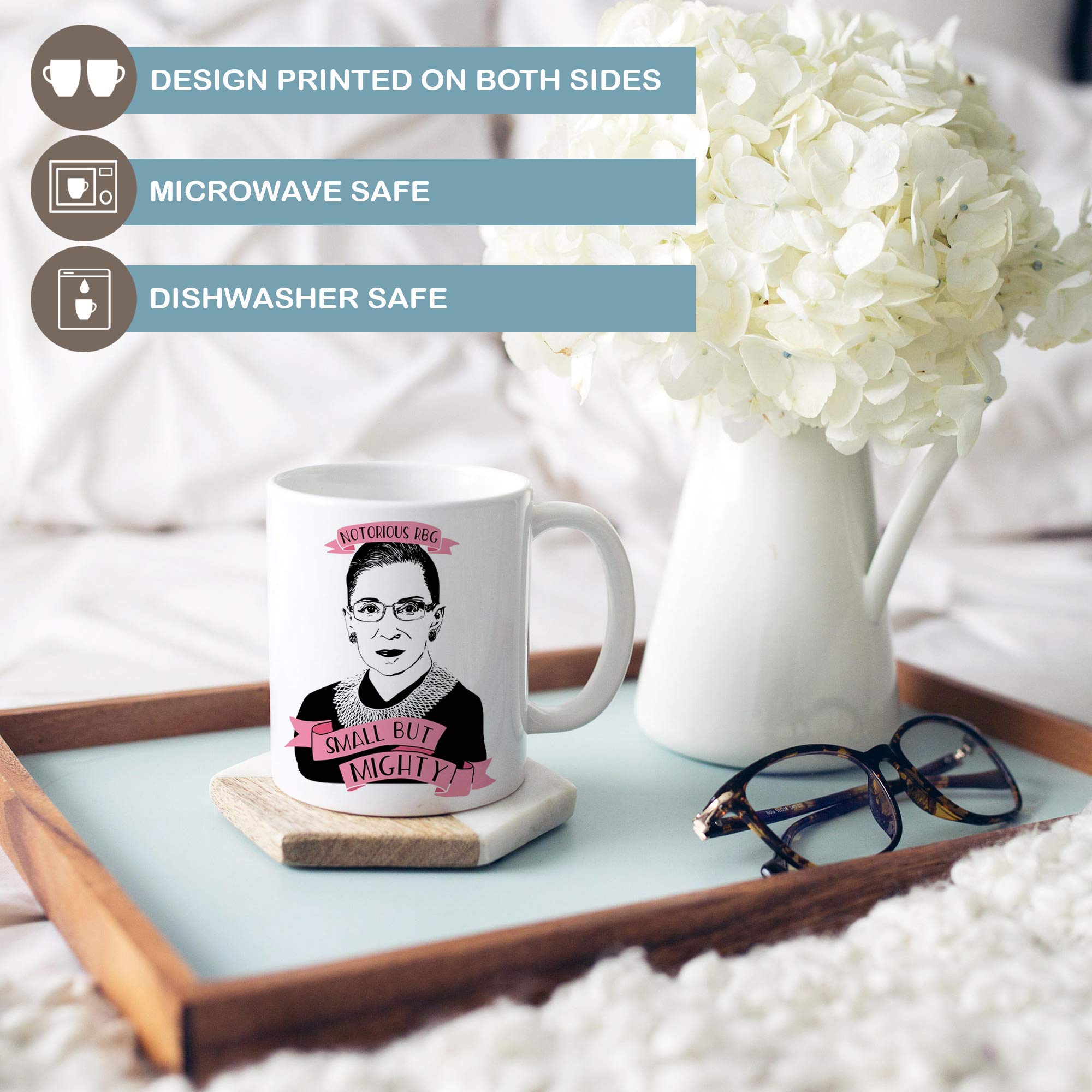 Ruth Bader Ginsburg Small But Mighty Coffee Mug - 11oz Ceramic Cup with Notorious RBG Design, Microwave & Dishwasher Safe - Perfect for Office, Home Use or Supreme Court Themed Gifts