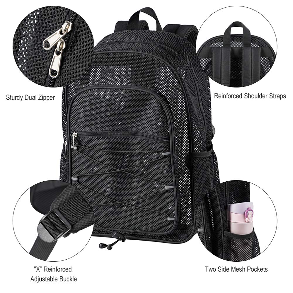 COVAX Heavy Duty Mesh Backpack - Transparent College Bookbag with Bungee Cord & Padded Straps for Commuting, Swimming, Beach & Outdoor Sports | Perfect for Gym, Travel & School Use